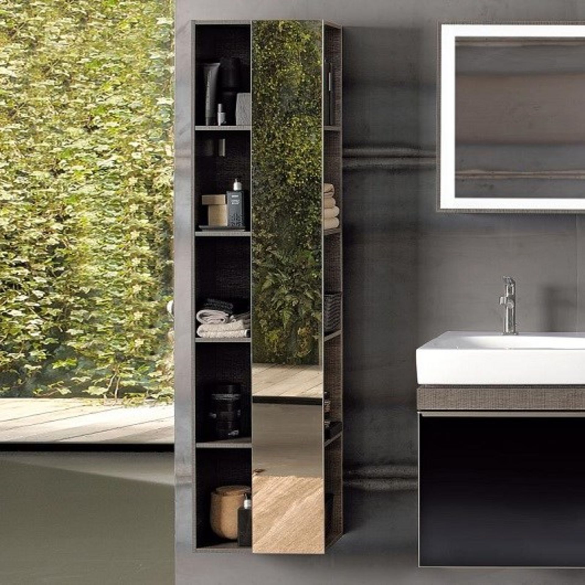 (PC4) 1600mm Keramag Citterio Grey/Brown Shelves with Mirror Tall Cabinet. RRP £865.99.Wood st...(