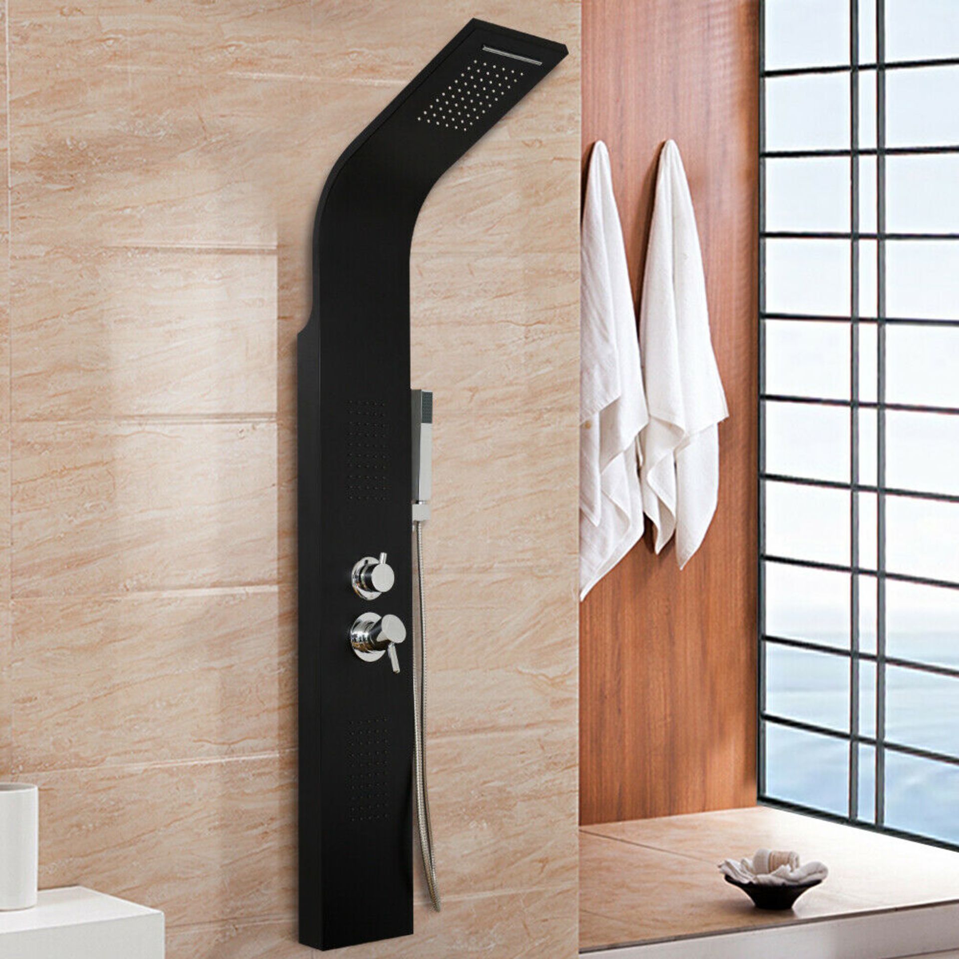 (XL3) Black Shower Tower Panel System Twin Heads With Luxury body jets. RRP £699.99. Built-i...