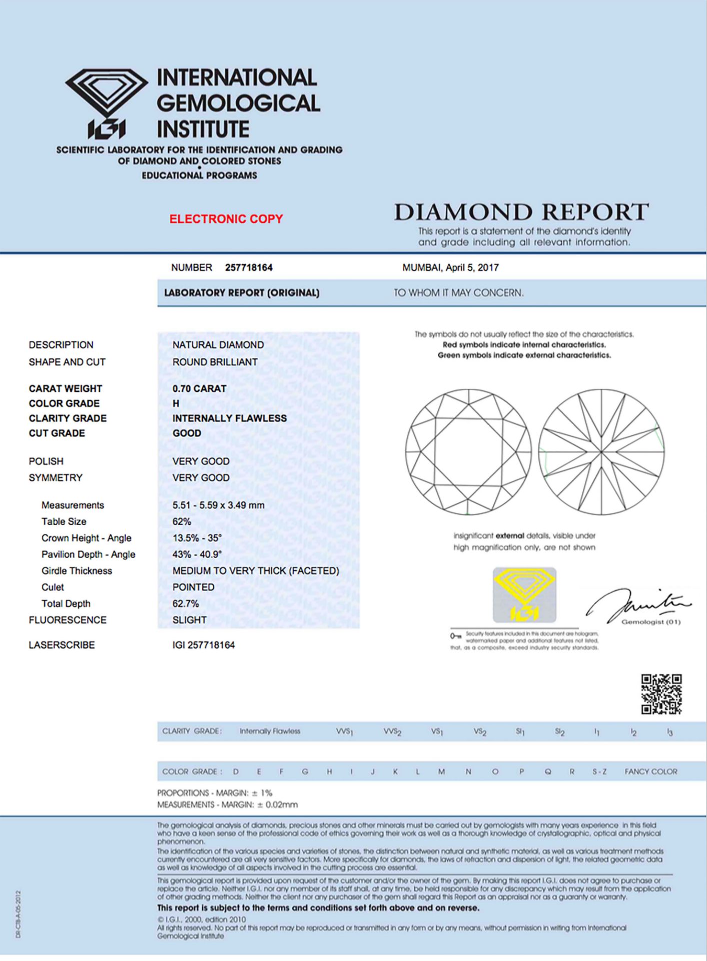 0.70 carat, IGI Certified, Natural IF Diamond - Image 3 of 3