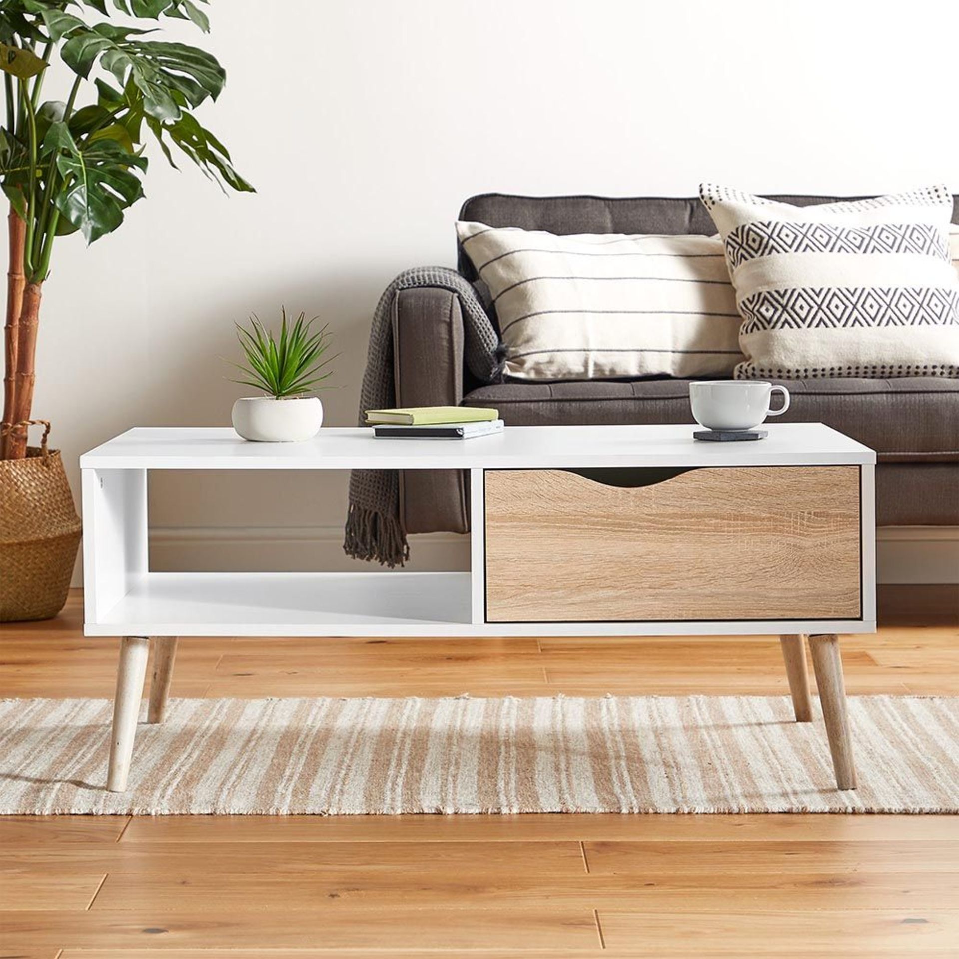 (V11) White & Oak Coffee Table Split front features an open shelf on one side and a drawer on ... - Image 2 of 4