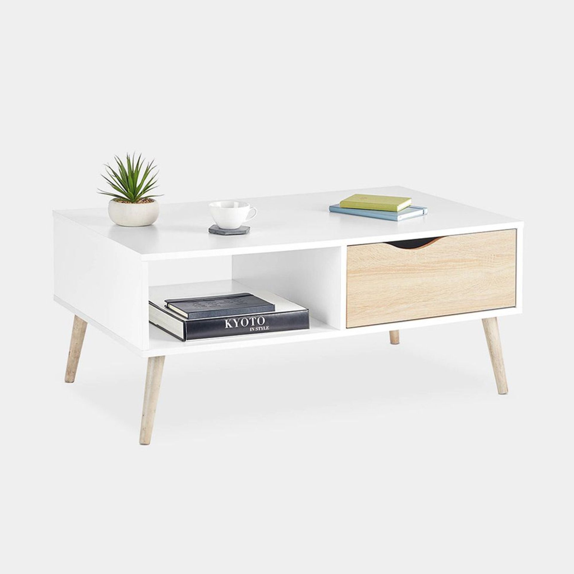 (V11) White & Oak Coffee Table Split front features an open shelf on one side and a drawer on ...