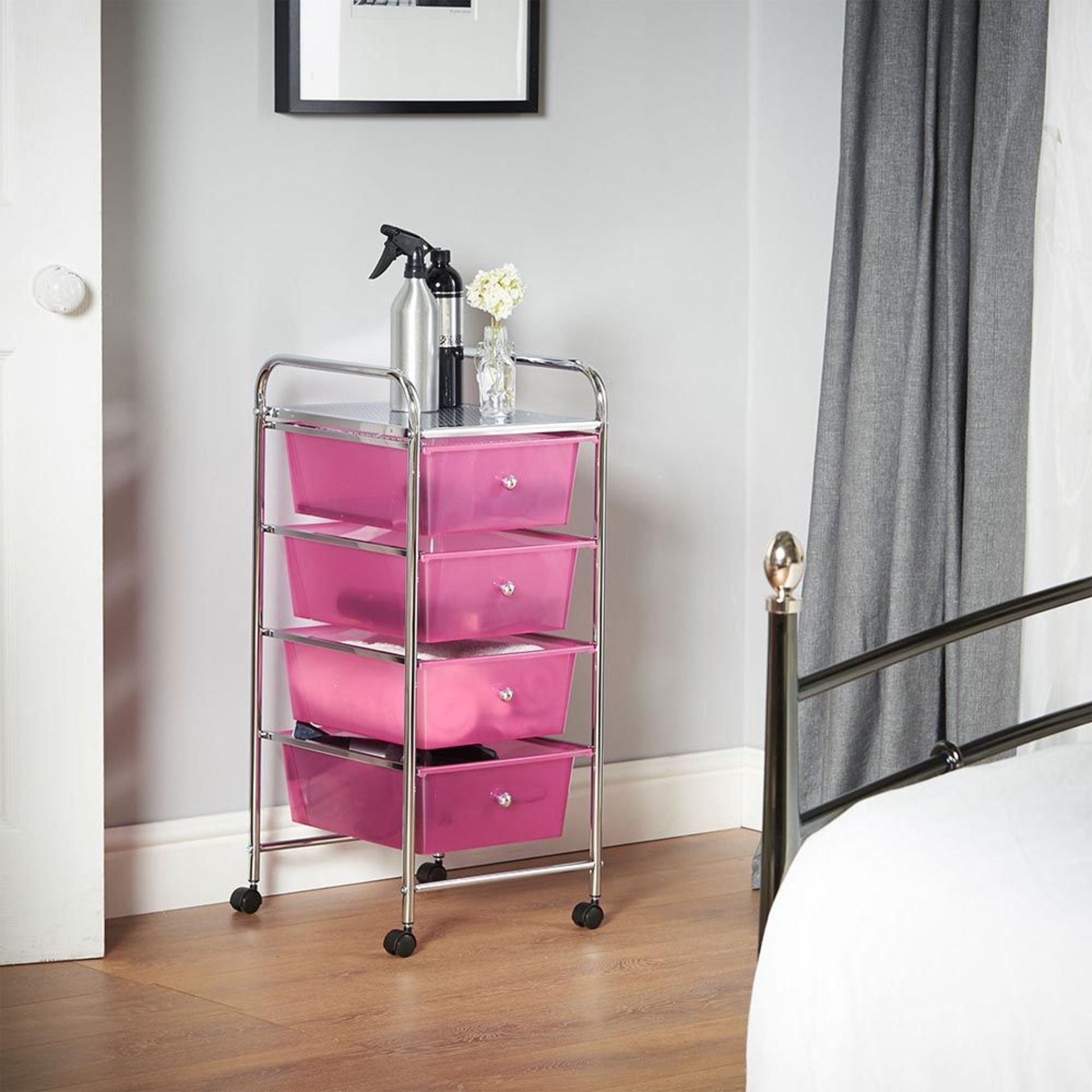 (V9) 4 Drawer Trolley - Pink Multi-purpose 4 drawer pink storage trolley - great for homes, of... - Image 3 of 4