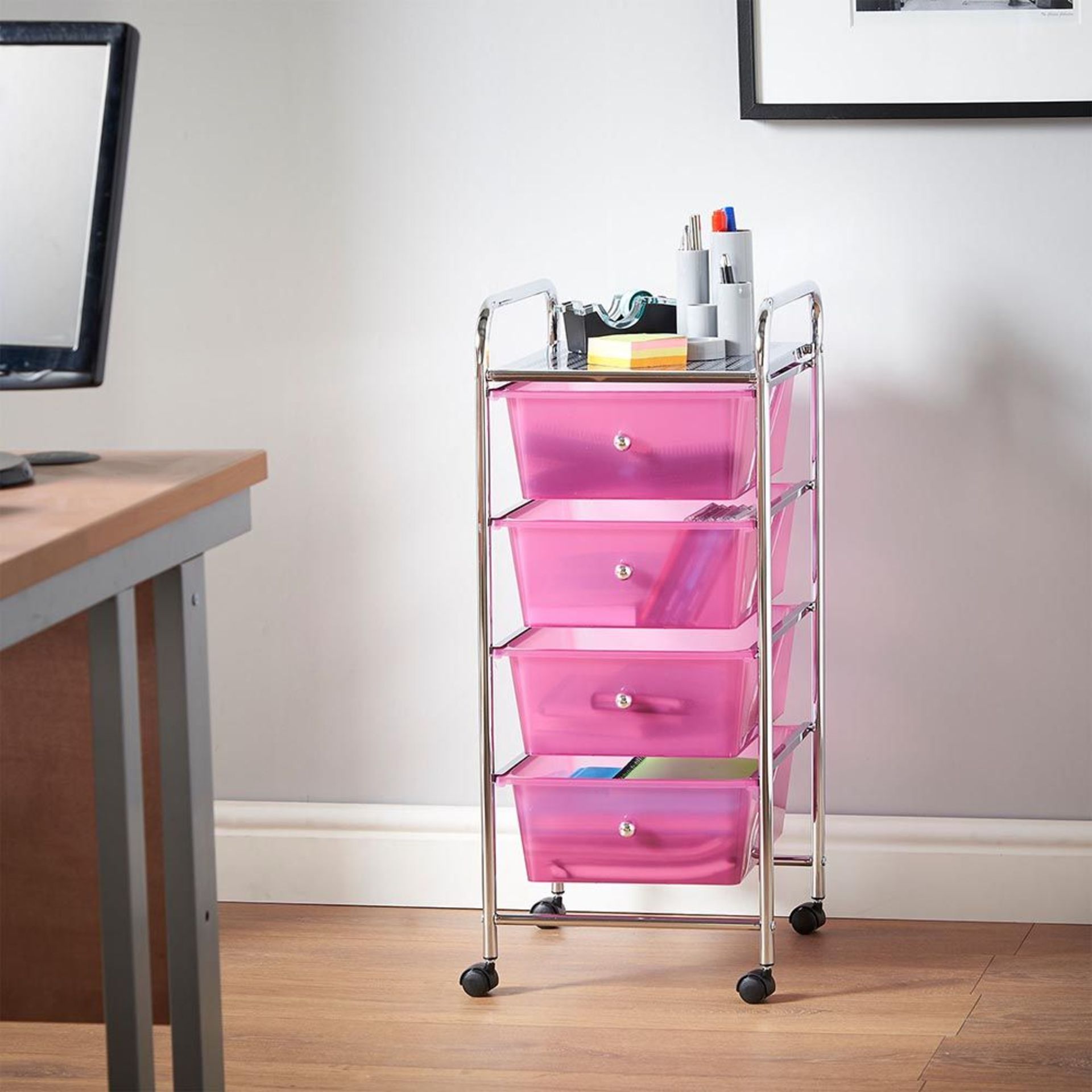 (V9) 4 Drawer Trolley - Pink Multi-purpose 4 drawer pink storage trolley - great for homes, of... - Image 2 of 4