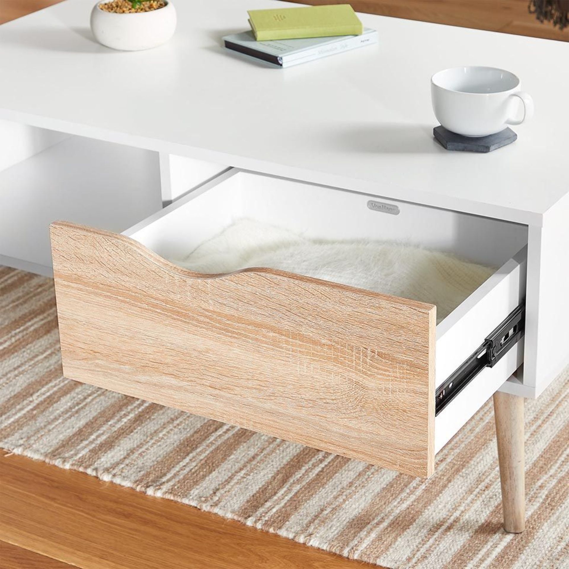 (V11) White & Oak Coffee Table Split front features an open shelf on one side and a drawer on ... - Image 4 of 4