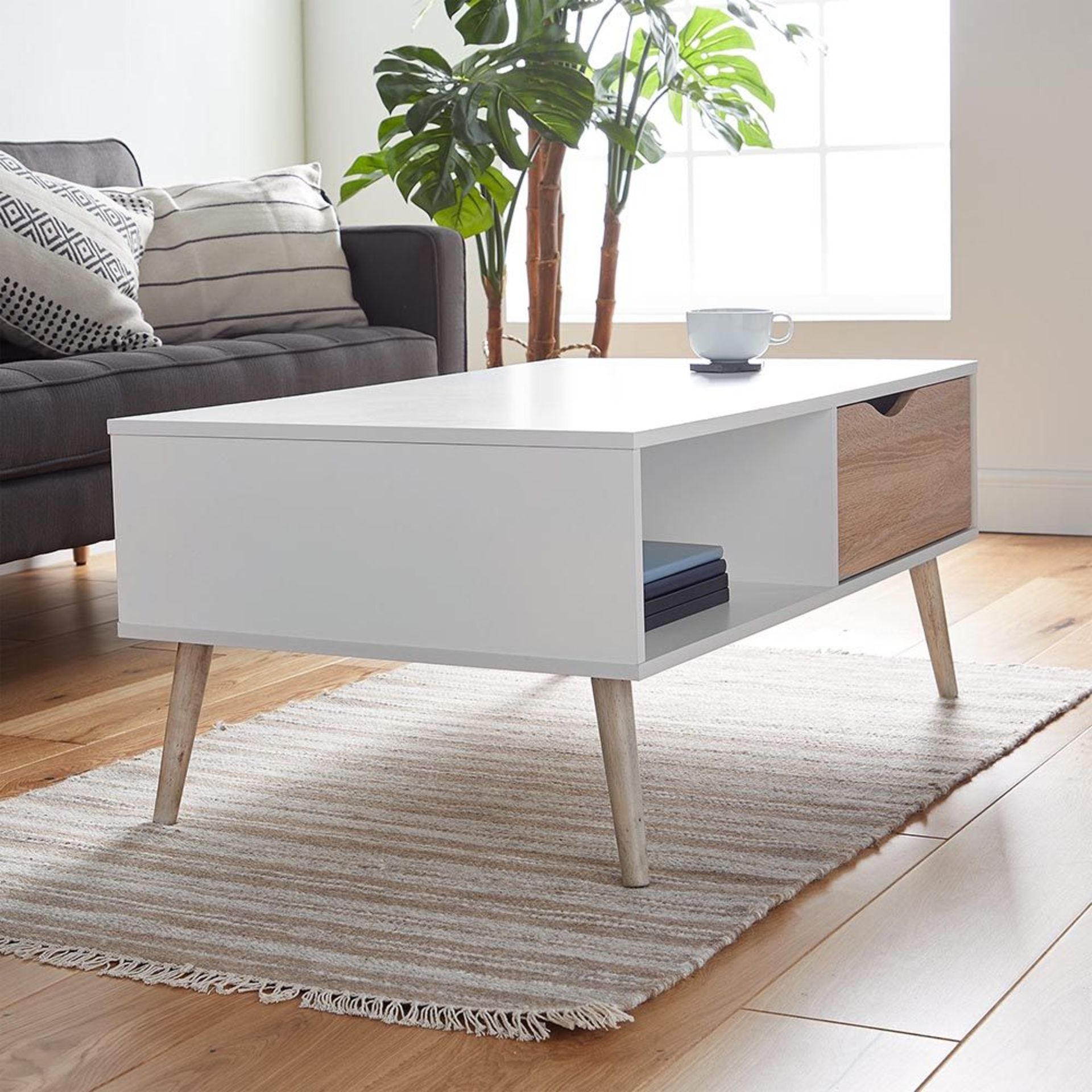 (V11) White & Oak Coffee Table Split front features an open shelf on one side and a drawer on ... - Image 3 of 4