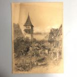 An Antique Sketch of a French Village Titled Briant / Brient. Signed Nellie Liberty