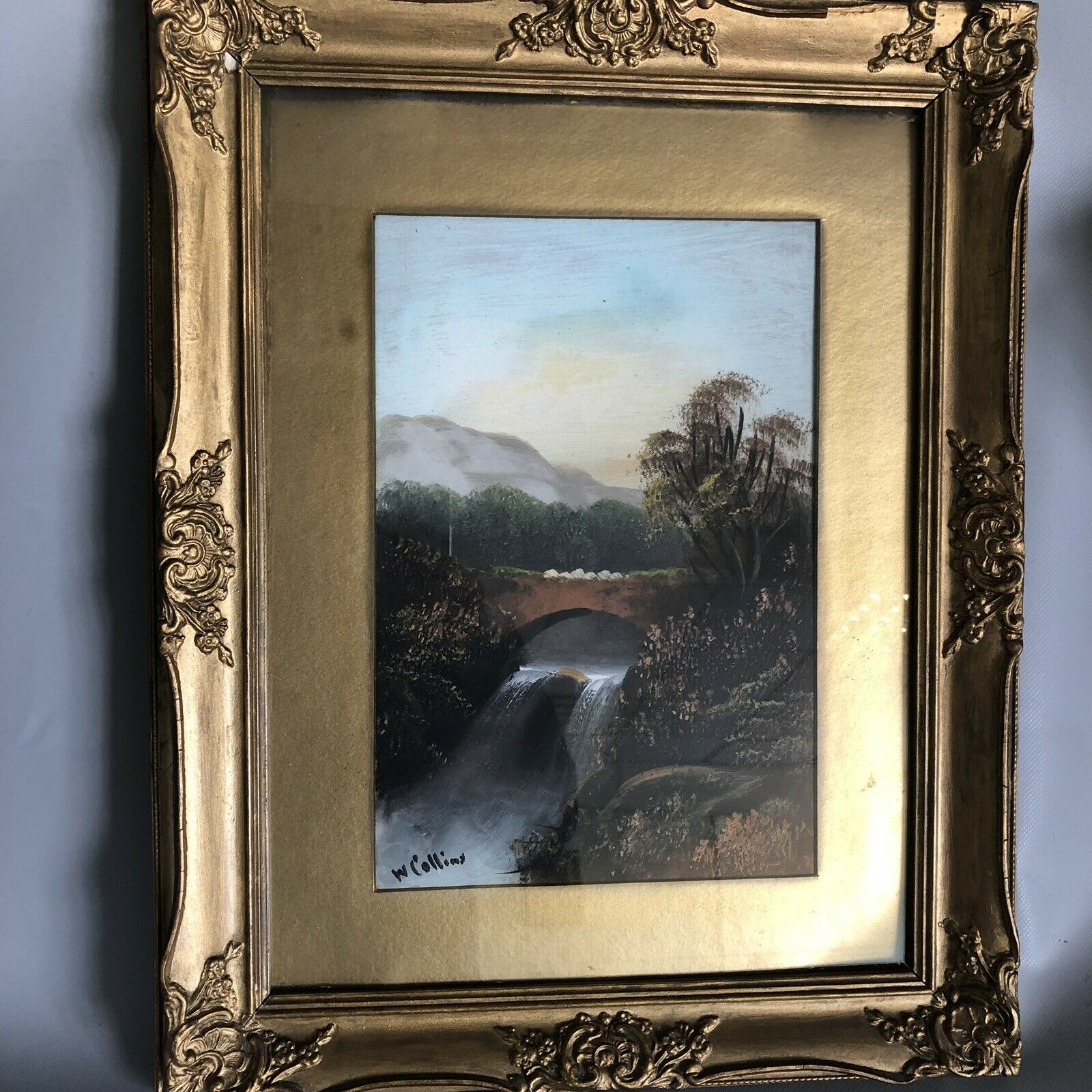 An Original Signed Antique 19th C. Oil on Board Painting Signed W COLLINS Waterfall and Bridge - Image 2 of 6