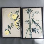 A Pair - Japanese vintage silk paintings - birds, yellow flowers, bamboo - signed