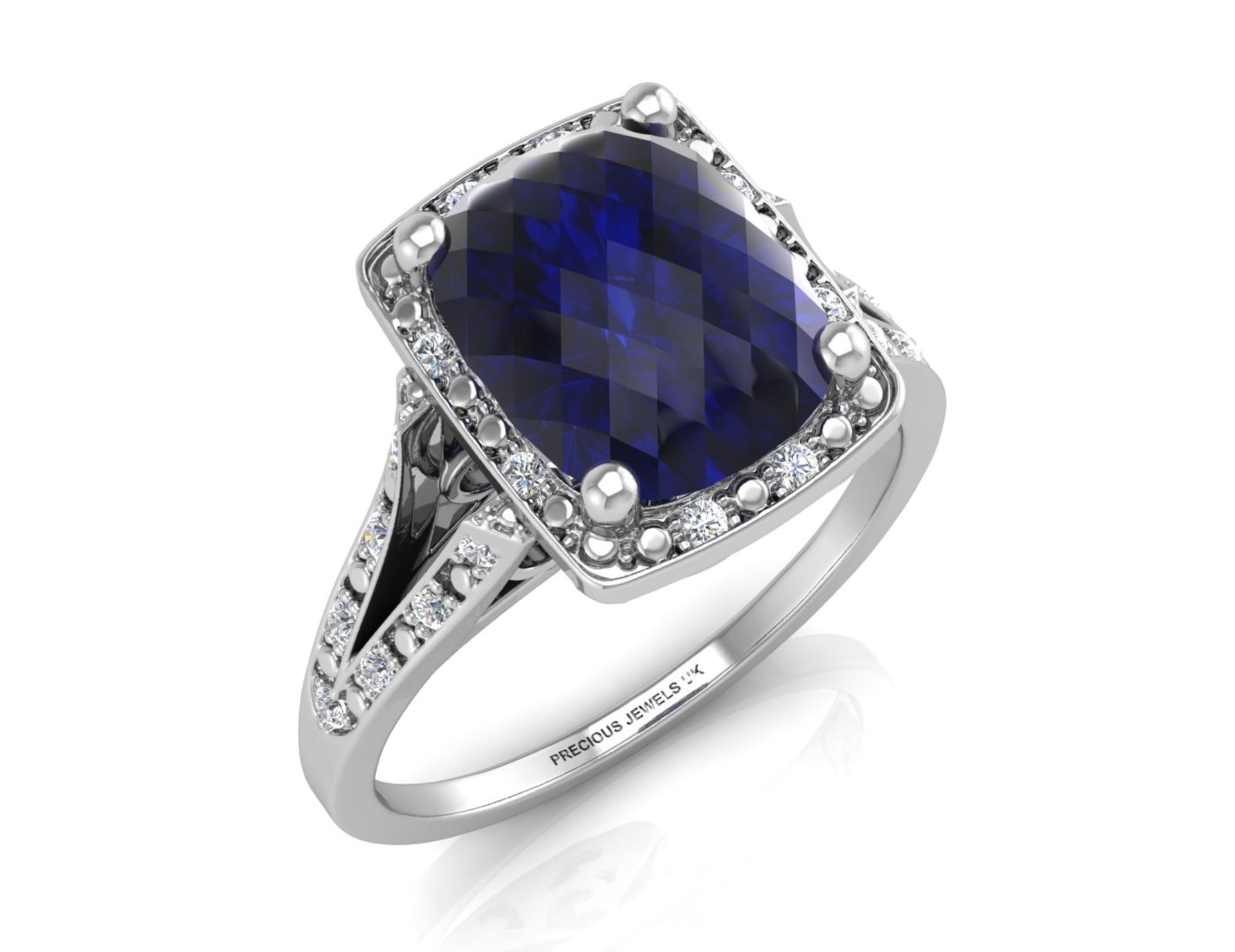 9ct White Gold Cushion Cluster Diamond And Created Ceylon Sapphire Ring 0.11