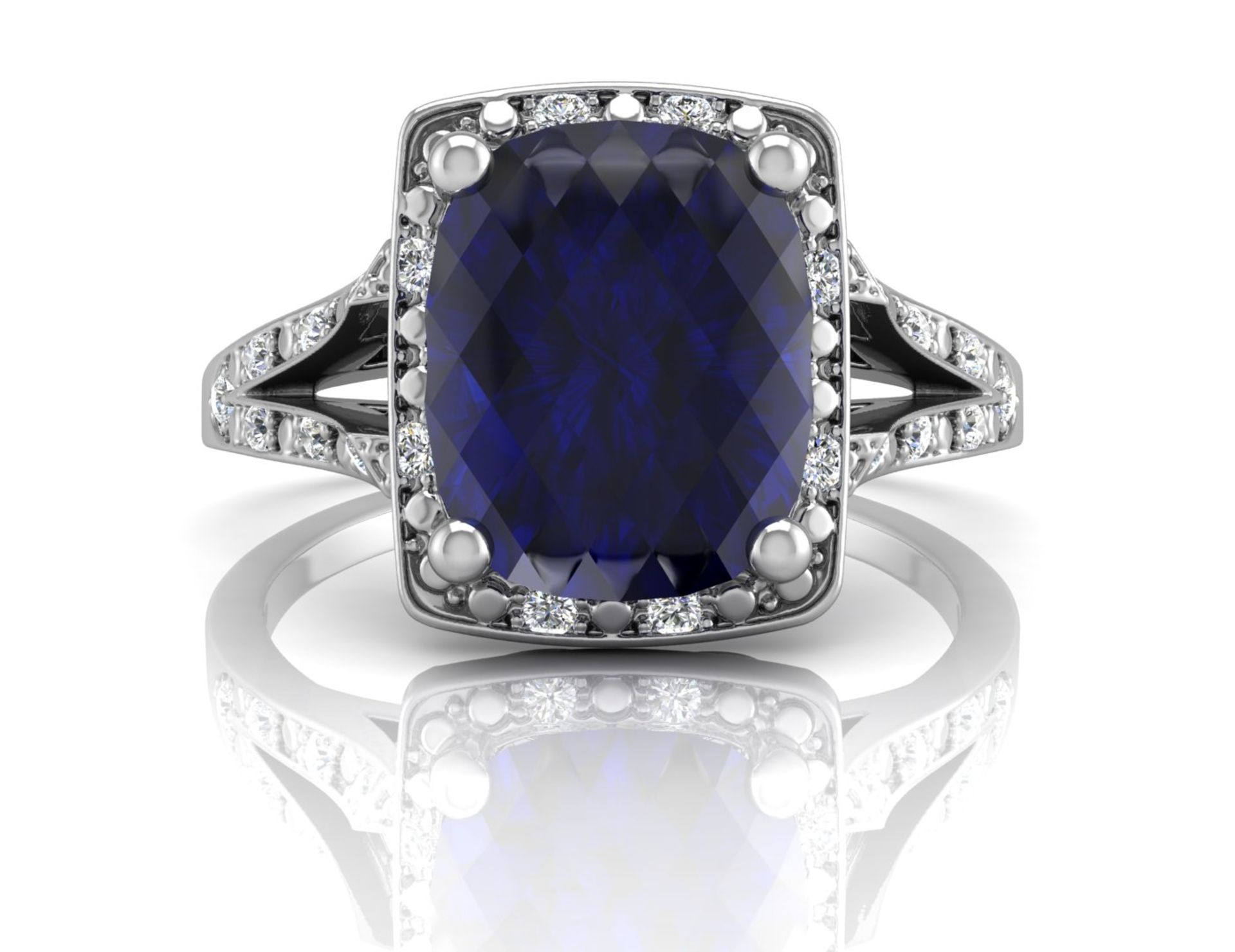 9ct White Gold Cushion Cluster Diamond And Created Ceylon Sapphire Ring 0.11 - Image 4 of 5