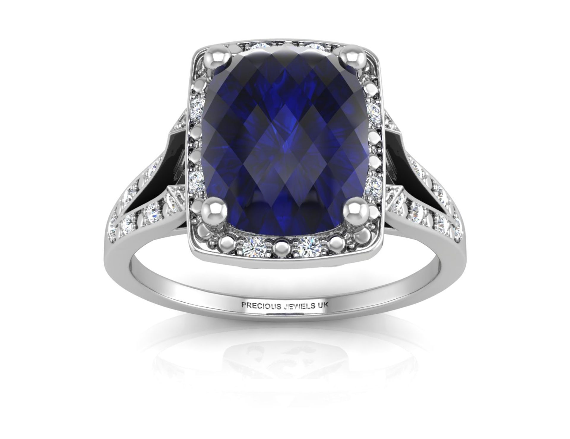 9ct White Gold Cushion Cluster Diamond And Created Ceylon Sapphire Ring 0.11 - Image 3 of 5
