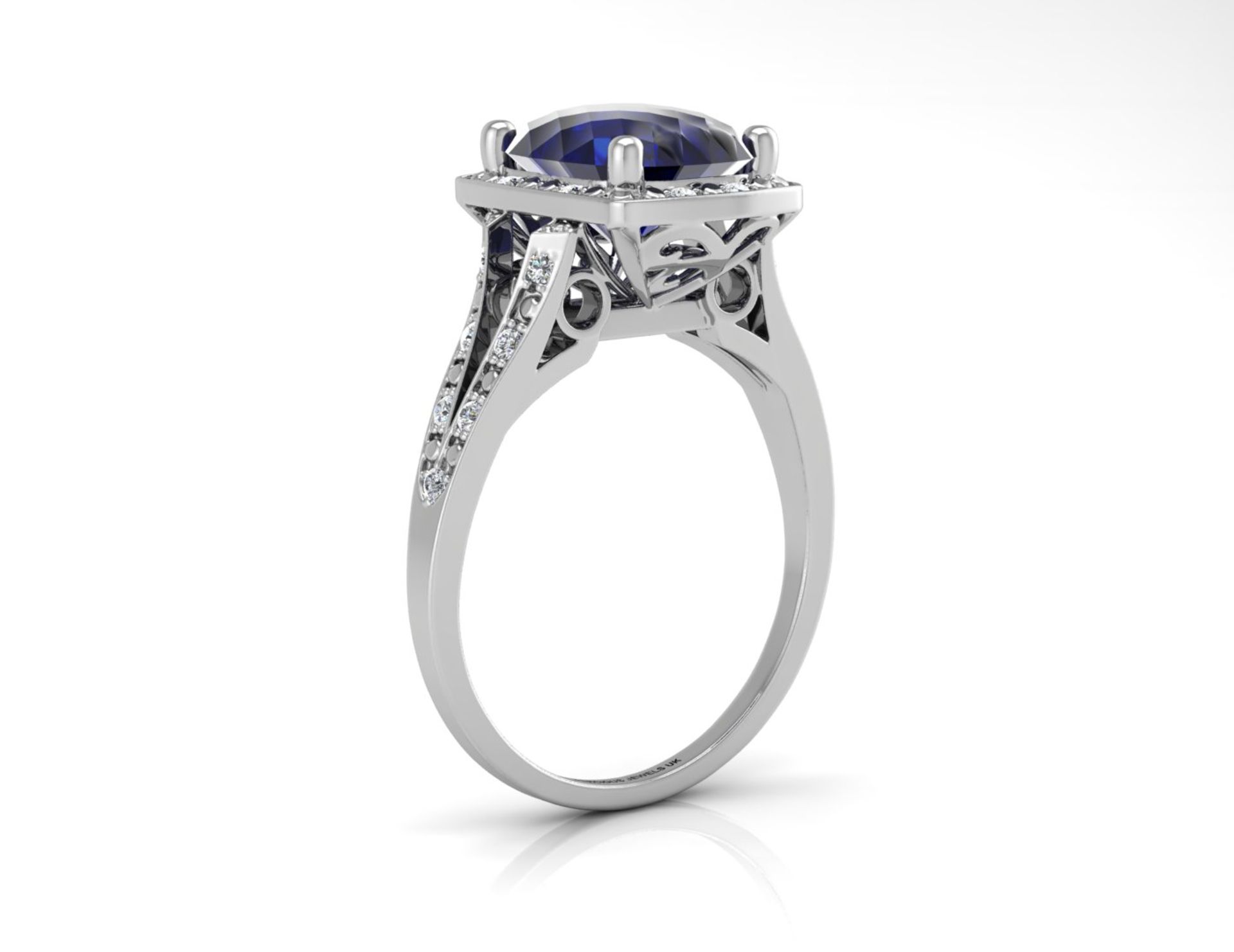 9ct White Gold Cushion Cluster Diamond And Created Ceylon Sapphire Ring 0.11 - Image 2 of 5