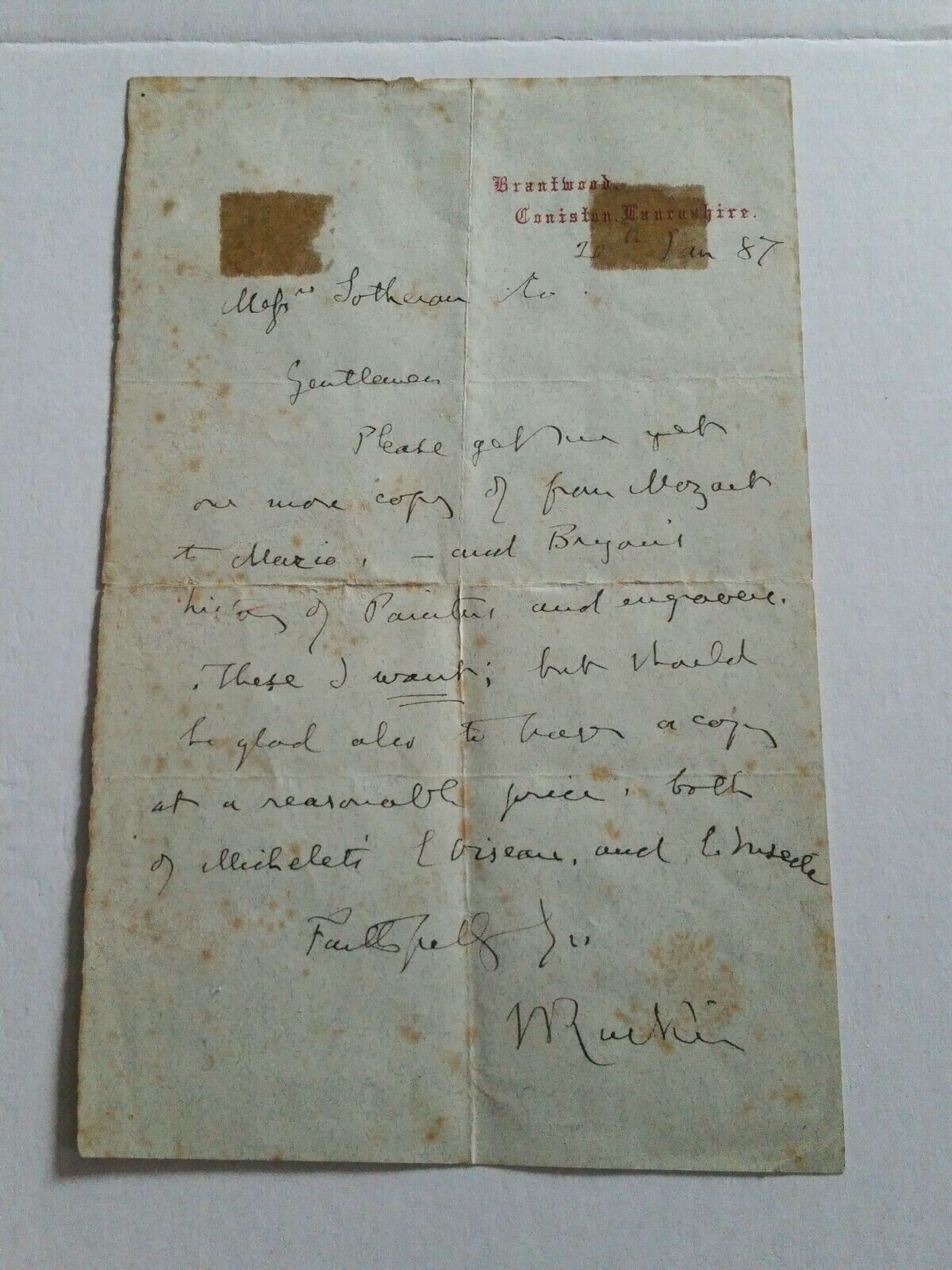 John Ruskin Handwritten Autograph Letter Requesting Book on Mozart - Image 5 of 5