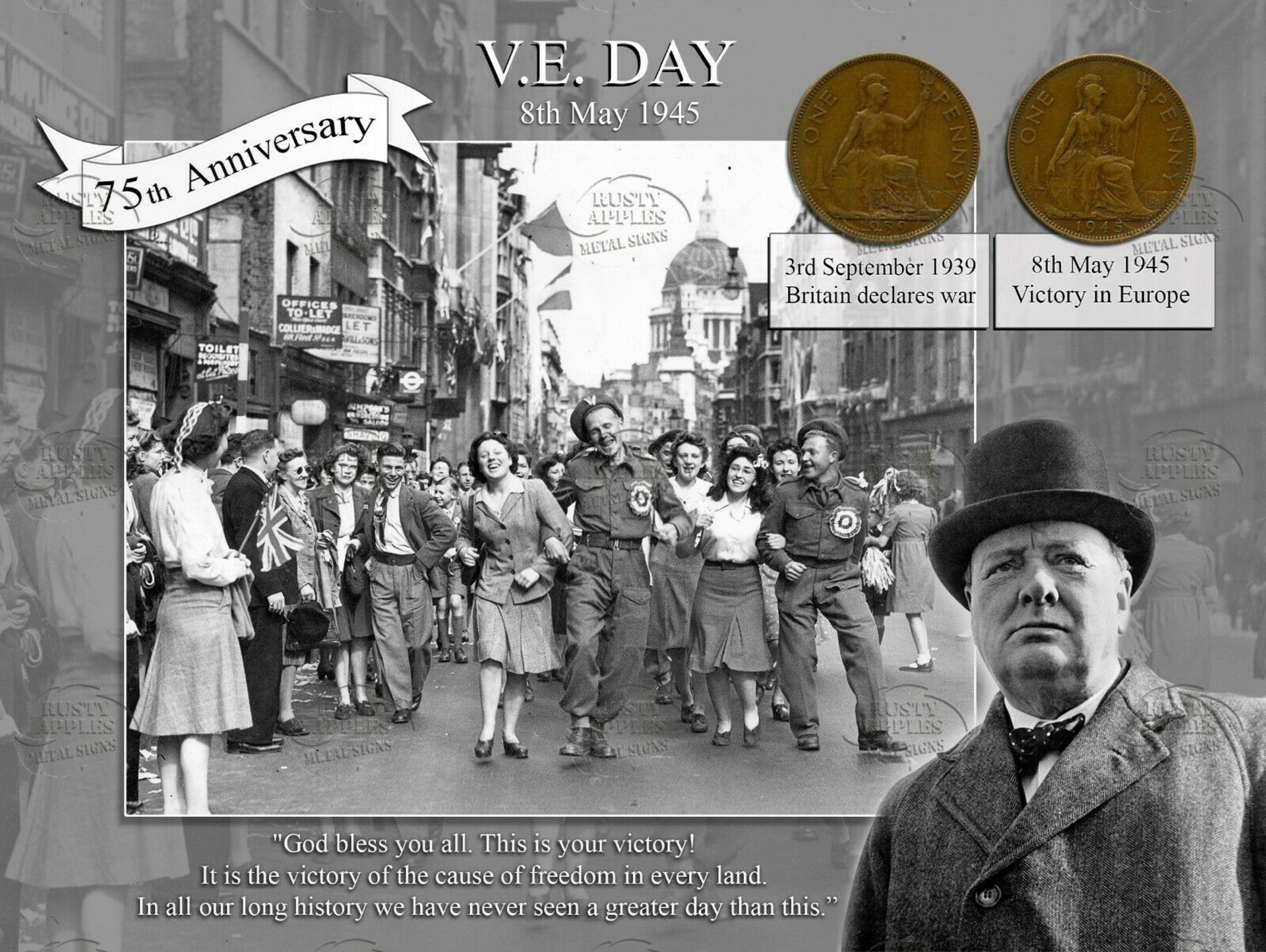 VE Day 75th Anniversary Winston Churchill Quote Original WW2 Pennies Metal Sign