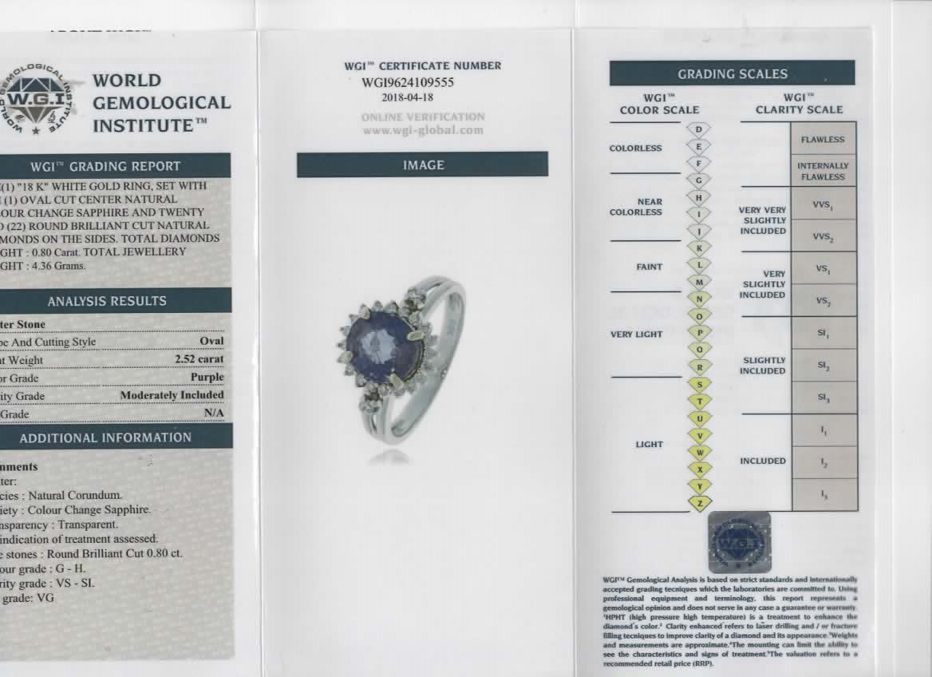 Certified 2.52 ct Untreated Colour Change Sapphire and Diamonds 18K Gold Ring - Image 2 of 8