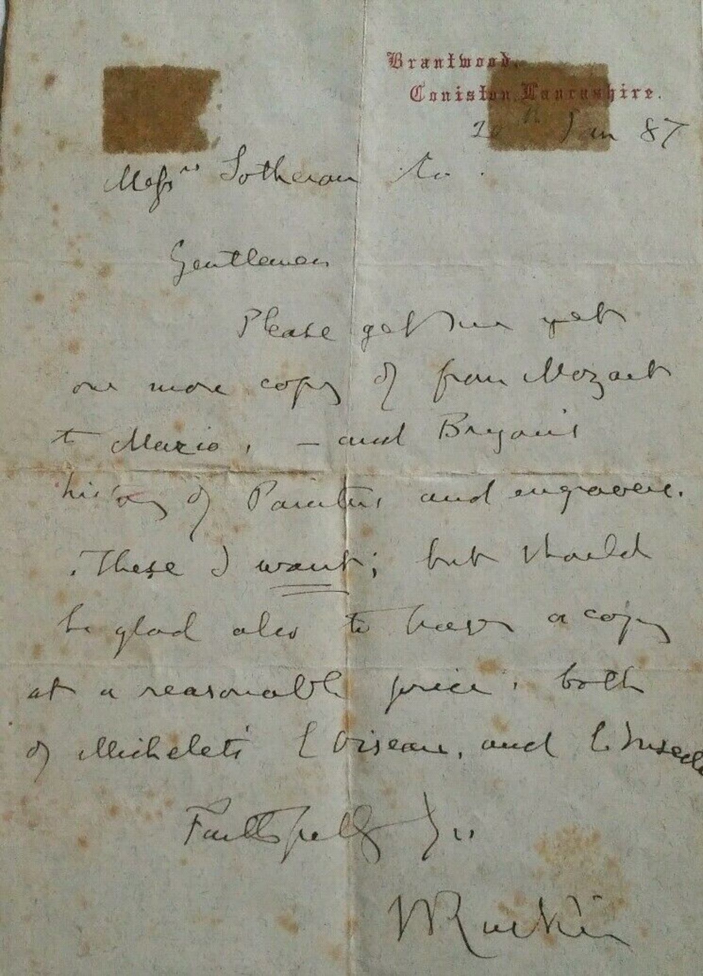 John Ruskin Handwritten Autograph Letter Requesting Book on Mozart