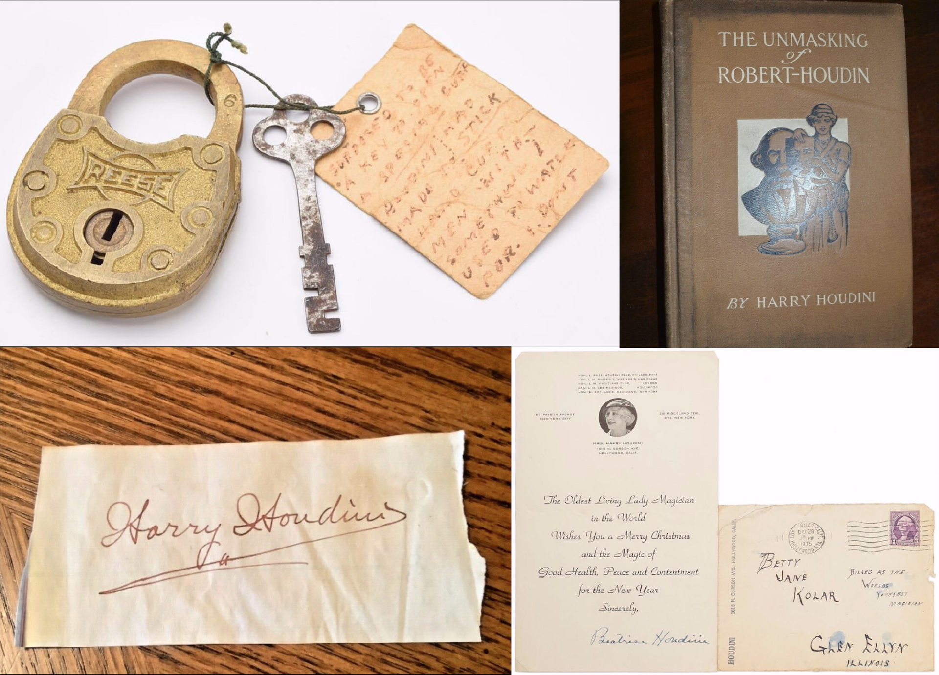 Harry Houdini Autograph + Kingbreaker Key & Lock + The Unmasking of Robert-Houdin + Beatrice Houdini