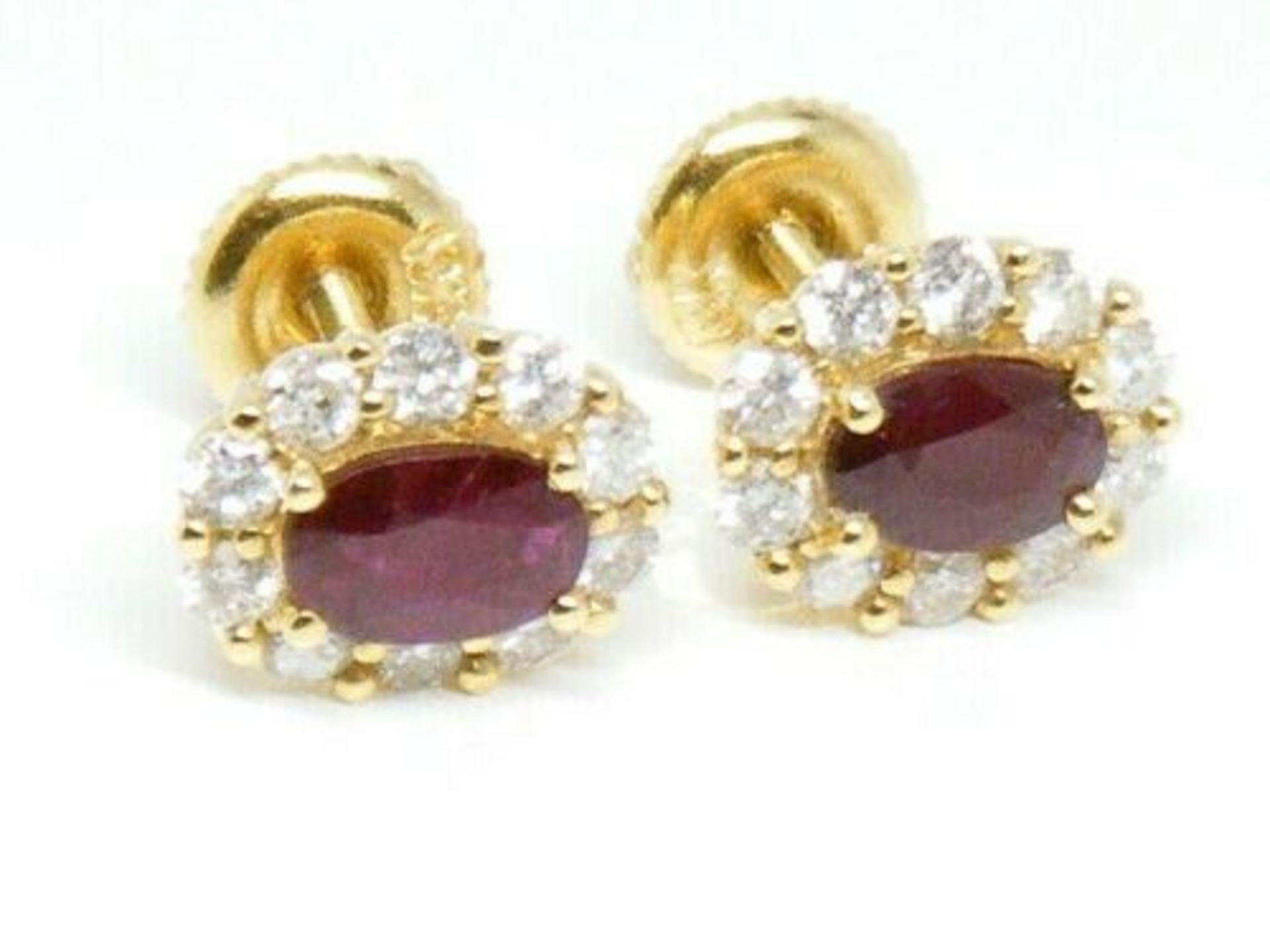 18K Gold Ruby & Diamond Hallmarked Cluster Earrings