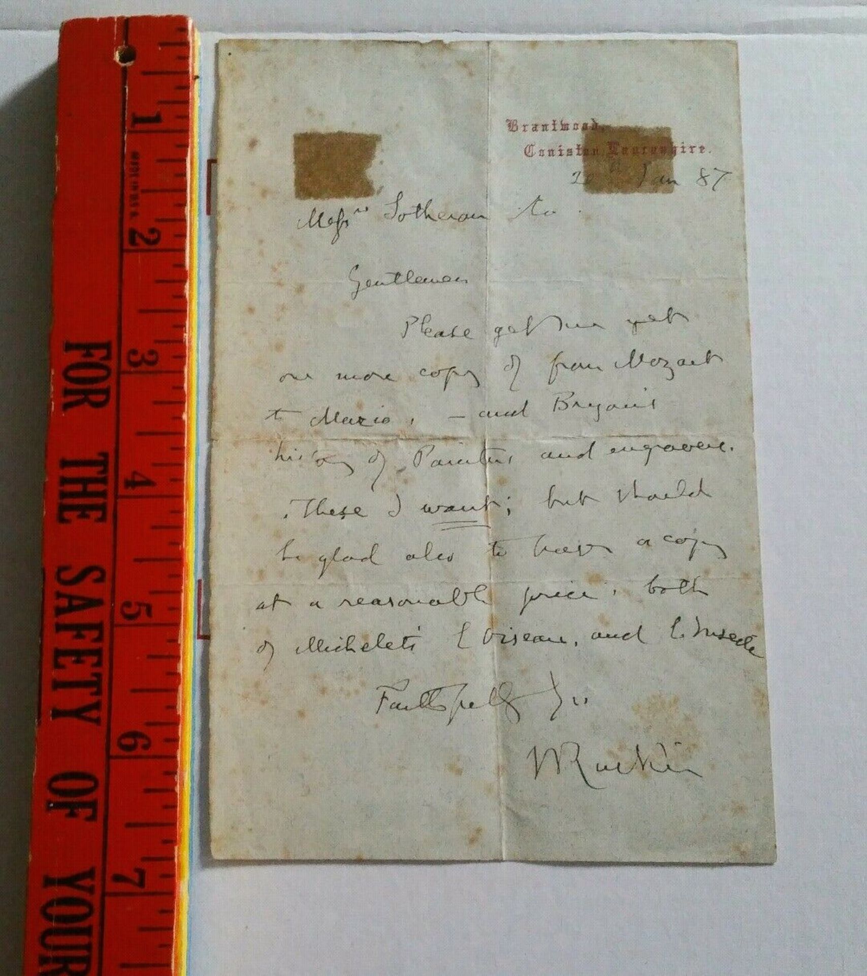 John Ruskin Handwritten Autograph Letter Requesting Book on Mozart - Image 3 of 5