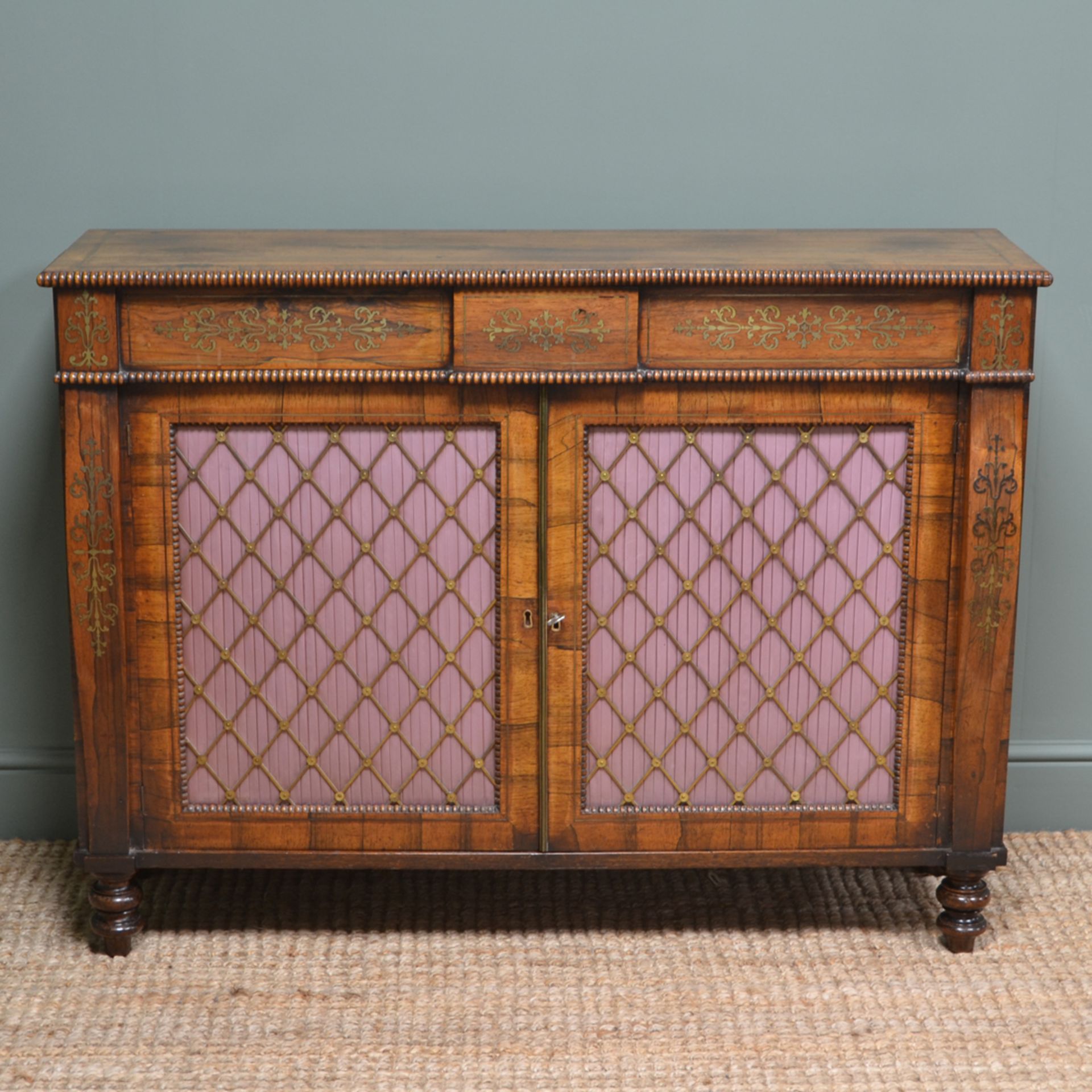 Spectacular Warm Rosewood Antique Cabinet with Brass Inlay