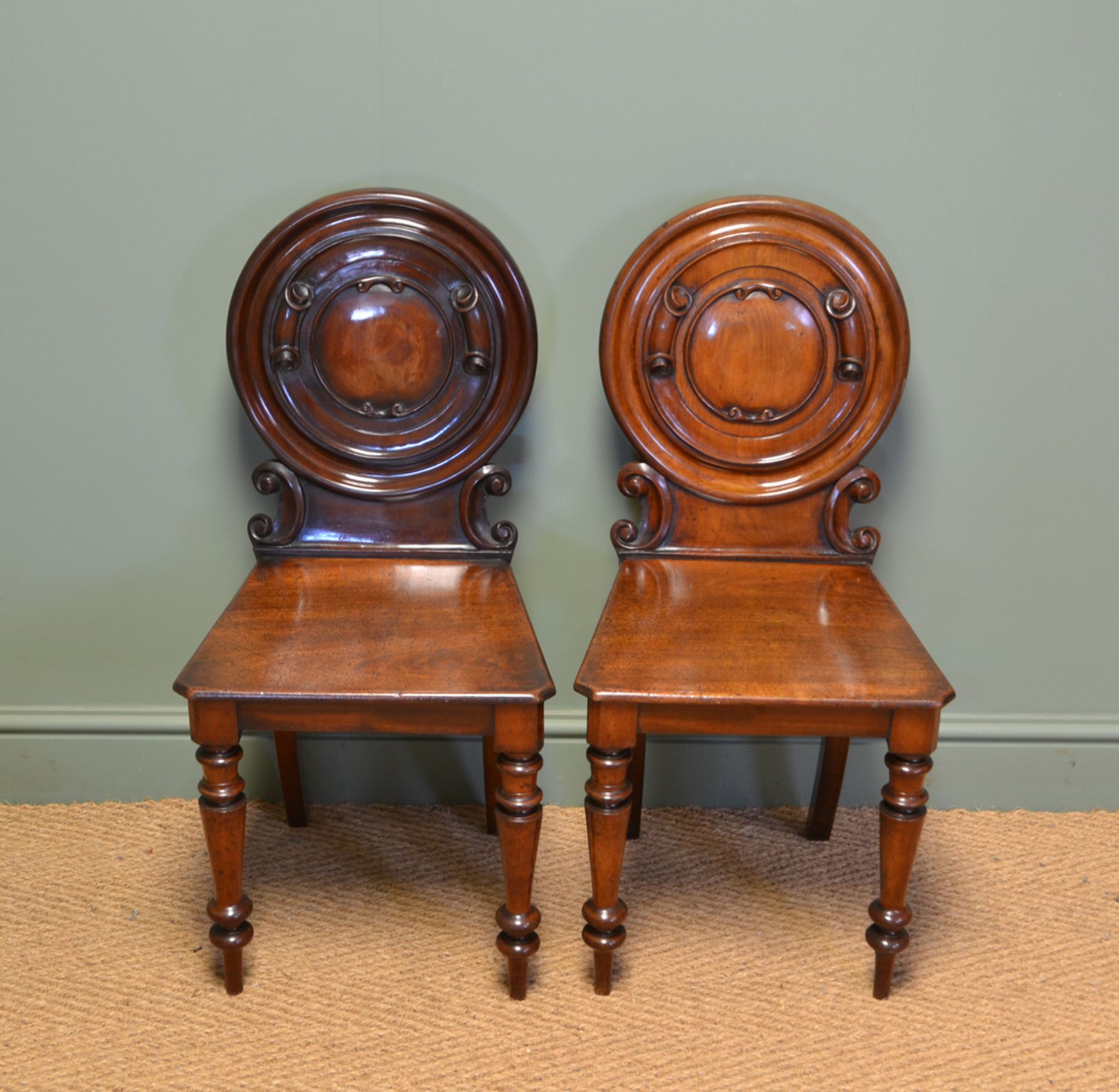 Unusual Pair Of Moulded Back Antique Mahogany Hall Chairs - Image 2 of 7