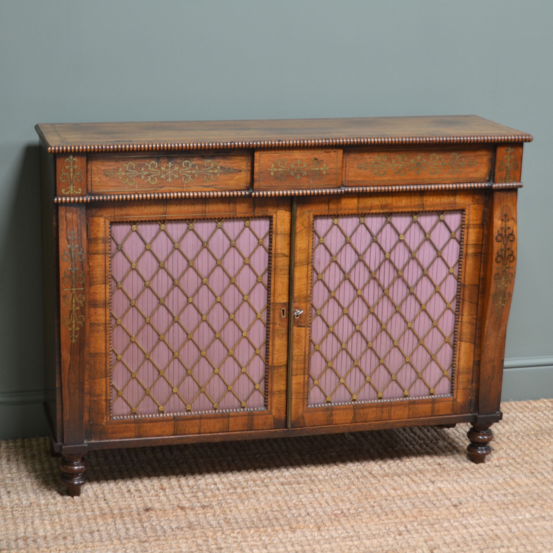 Spectacular Warm Rosewood Antique Cabinet with Brass Inlay - Image 4 of 8