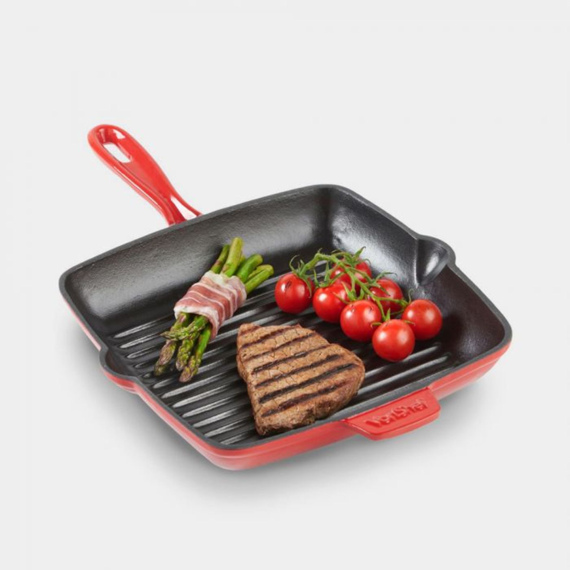 (S86) 26cm Red Cast Iron Griddle Pan Ultra-tough 26cm diameter cast iron construction with ind... - Image 2 of 4