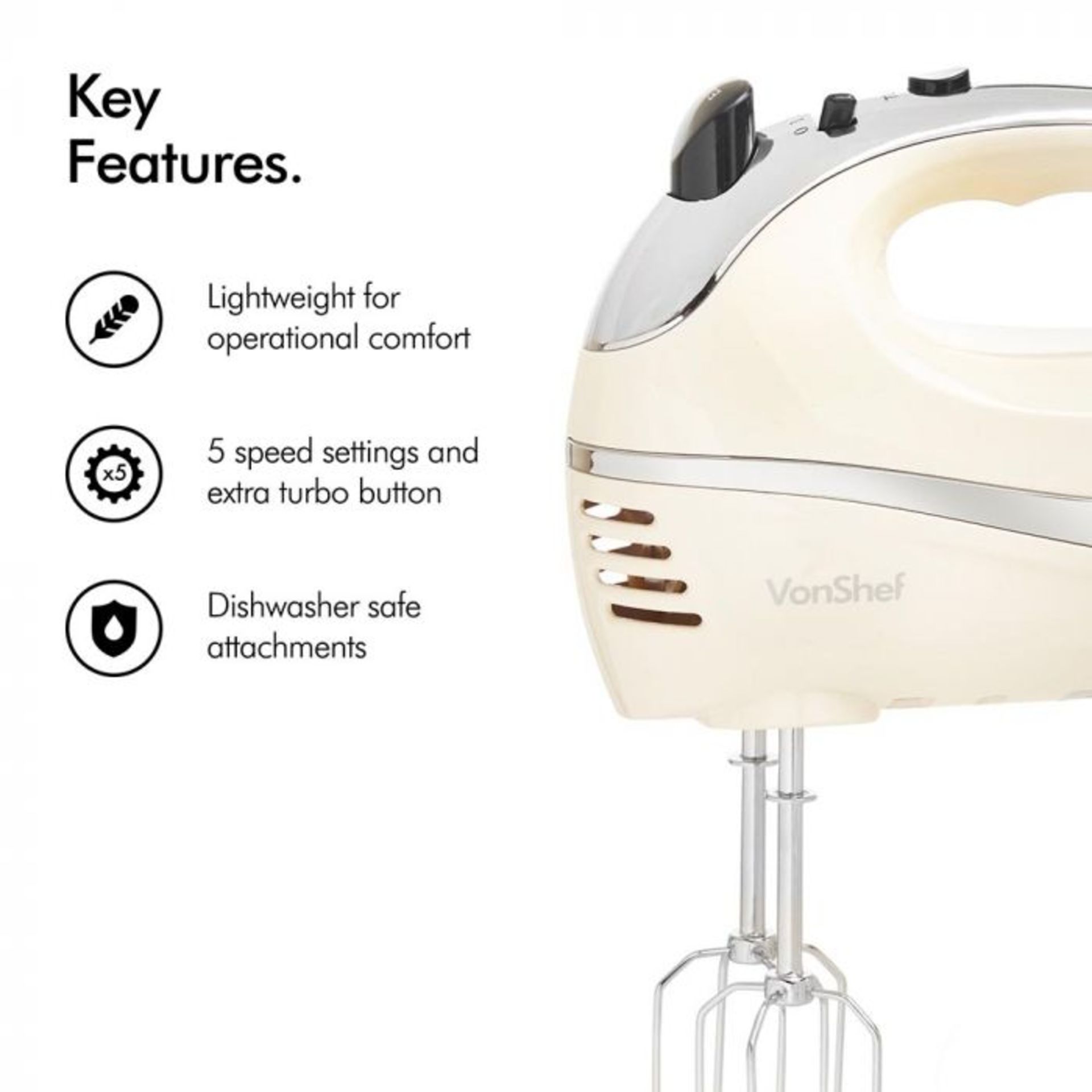 (S110) 300W Cream Hand Mixer Powerful 300W Motor effortlessly whisks, mixes and kneads Includ... - Image 5 of 6