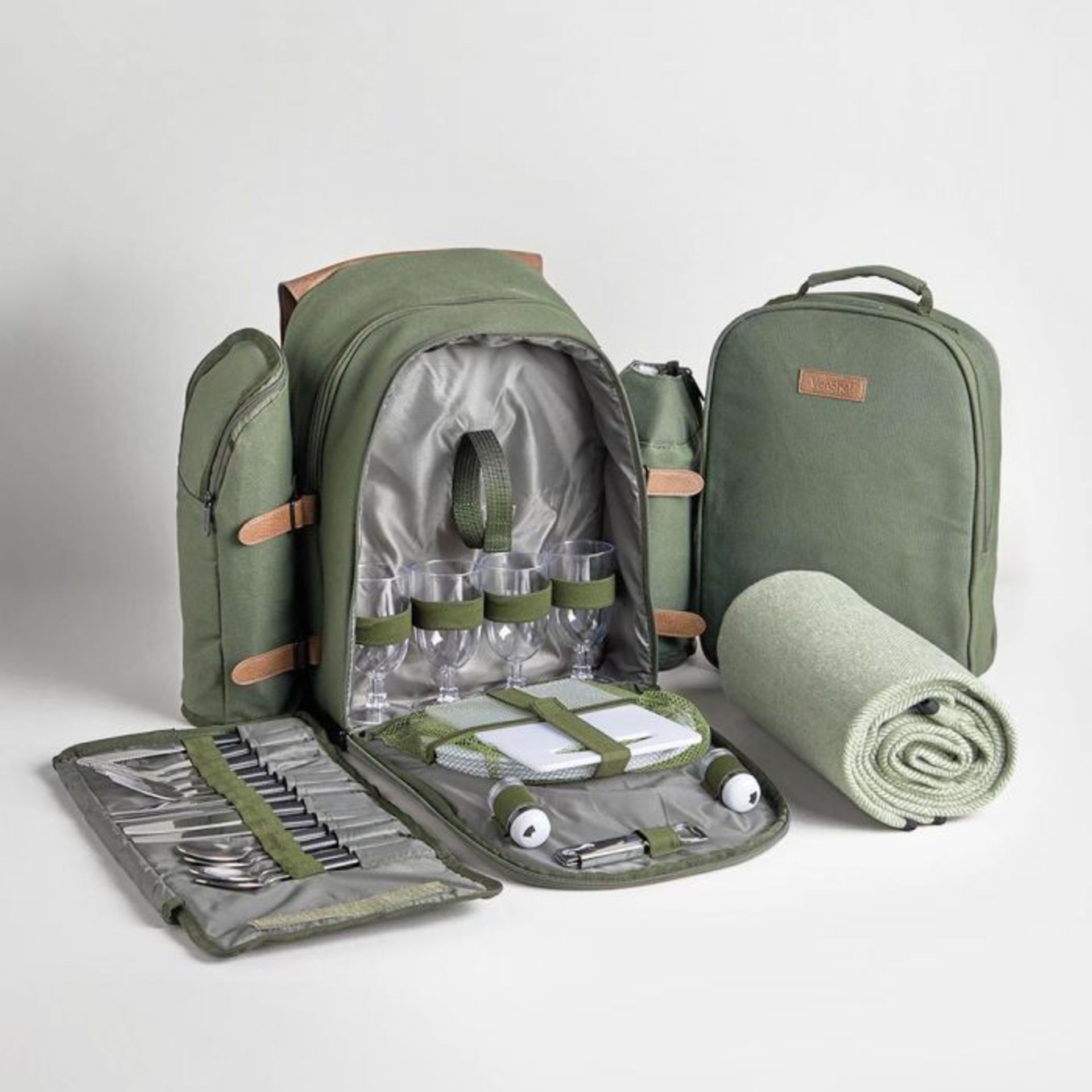 (V137) 4 Person Green Adventure Backpack Stylish green khaki canvas & brown distressed leather... - Image 5 of 5