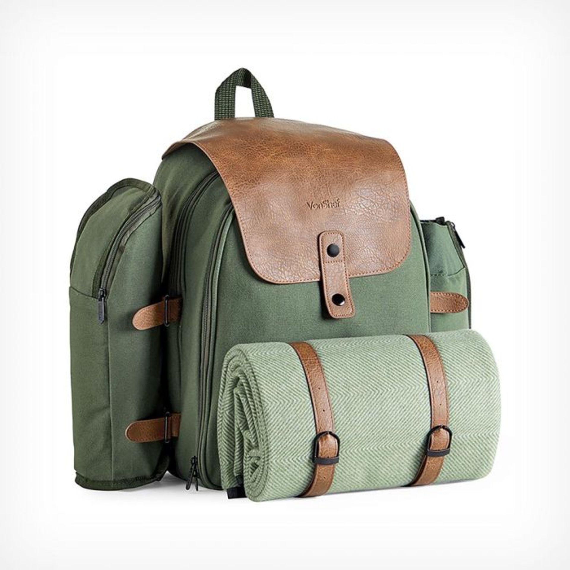 (V137) 4 Person Green Adventure Backpack Stylish green khaki canvas & brown distressed leather... - Image 2 of 5