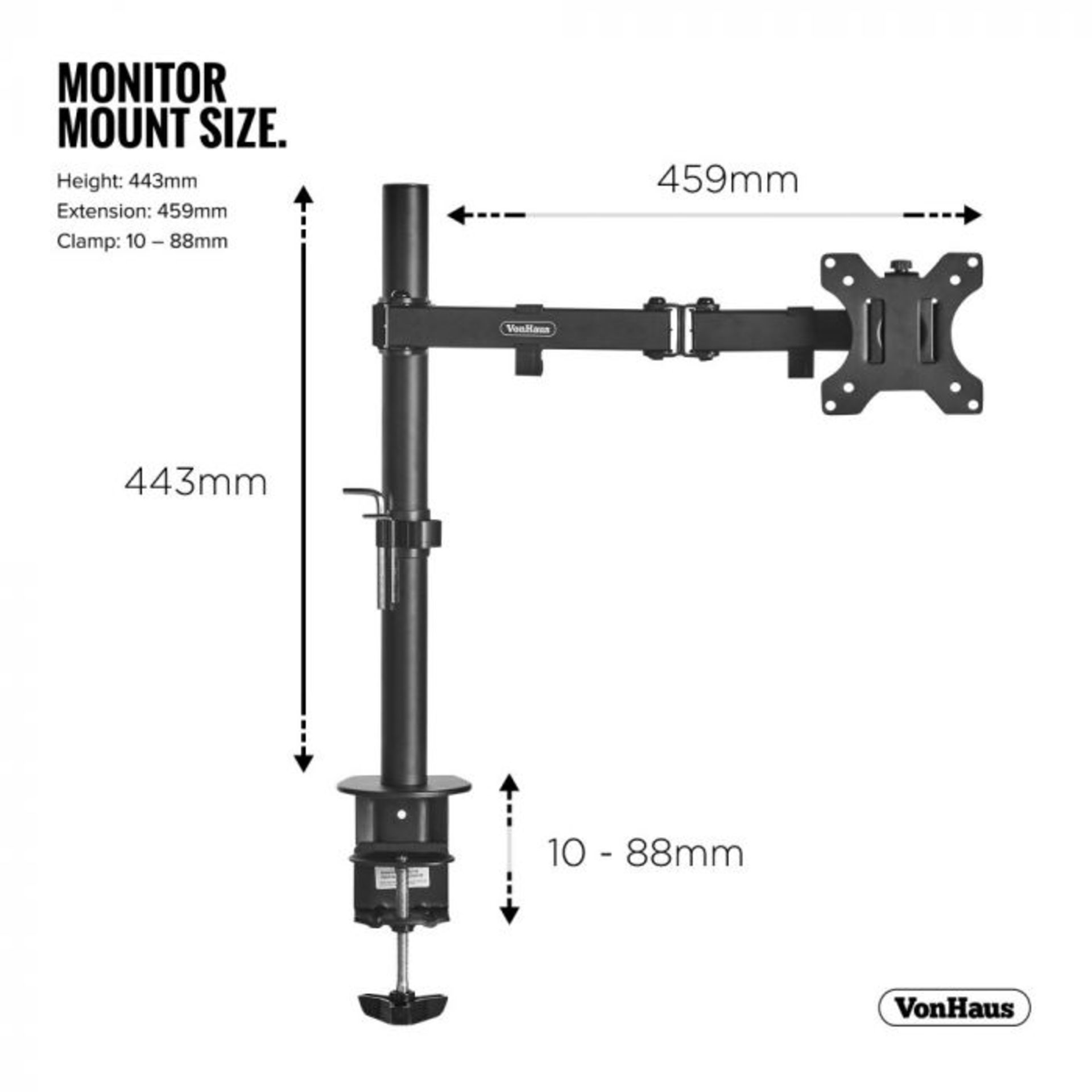 (V193) Monitor Mount with Desk Clamp Strong steel single arm conveniently declutters desk spac... - Image 3 of 3