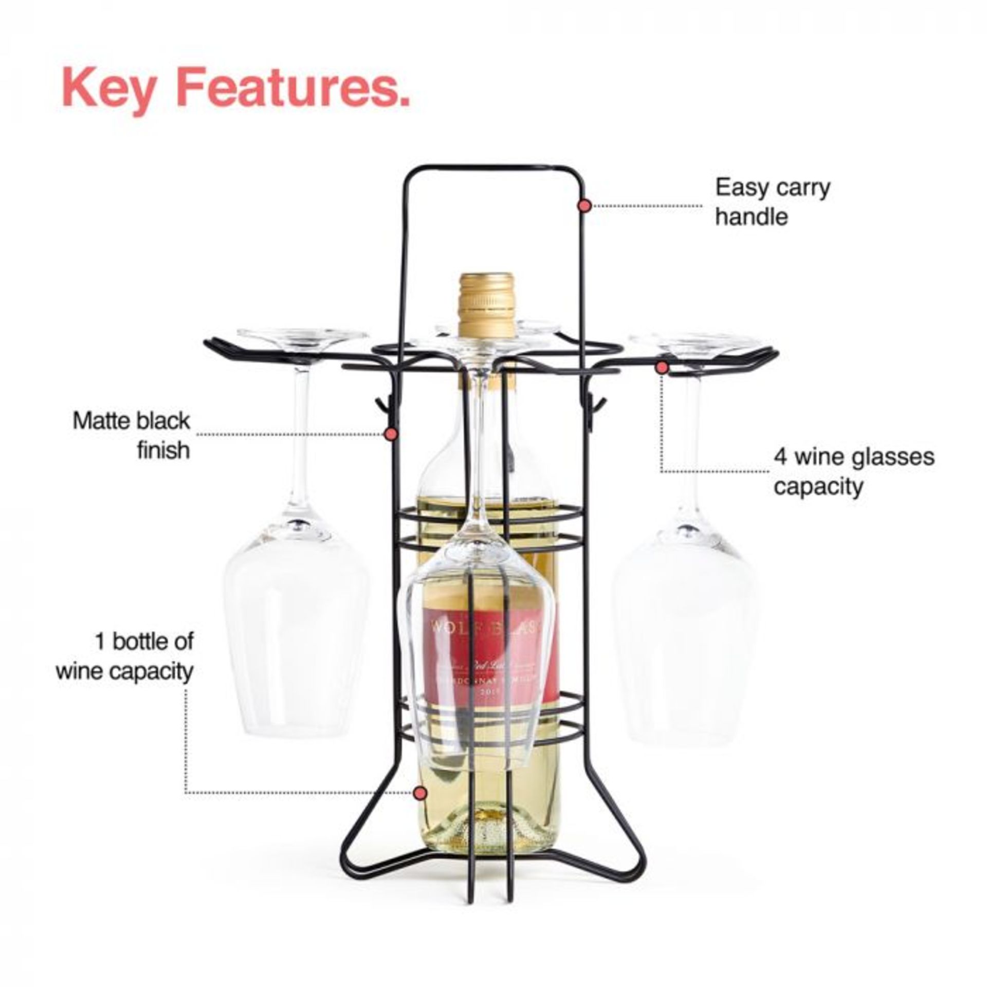 (S29) Wine Glass & Bottle Holder Freestanding wine glass and bottle holder with handle for eas...