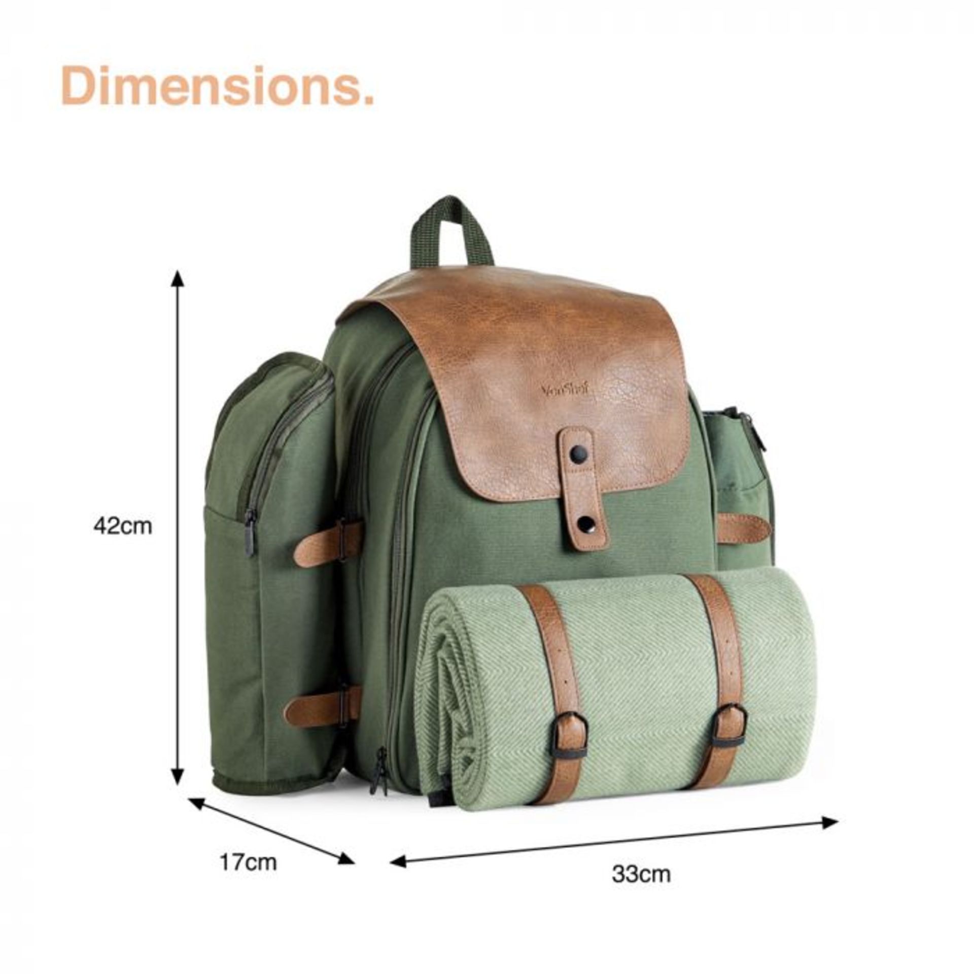 (V137) 4 Person Green Adventure Backpack Stylish green khaki canvas & brown distressed leather... - Image 3 of 5