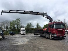 2007 SCANIA R380 8X4 SLEEPERCAB CRANE TRUCK FLATBED COUPLED WITH 20FT TWIN AXLE MC AULEY TRAILER
