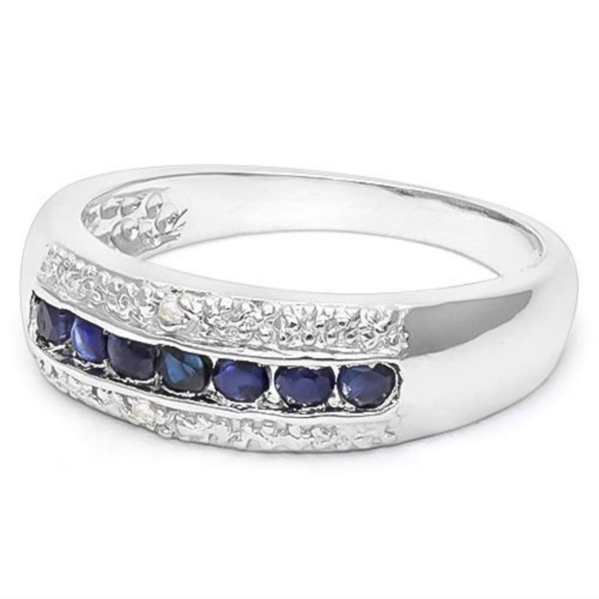 925 Sterling Silver 7 Stone Sapphire & Diamond Ring - Image 3 of 3