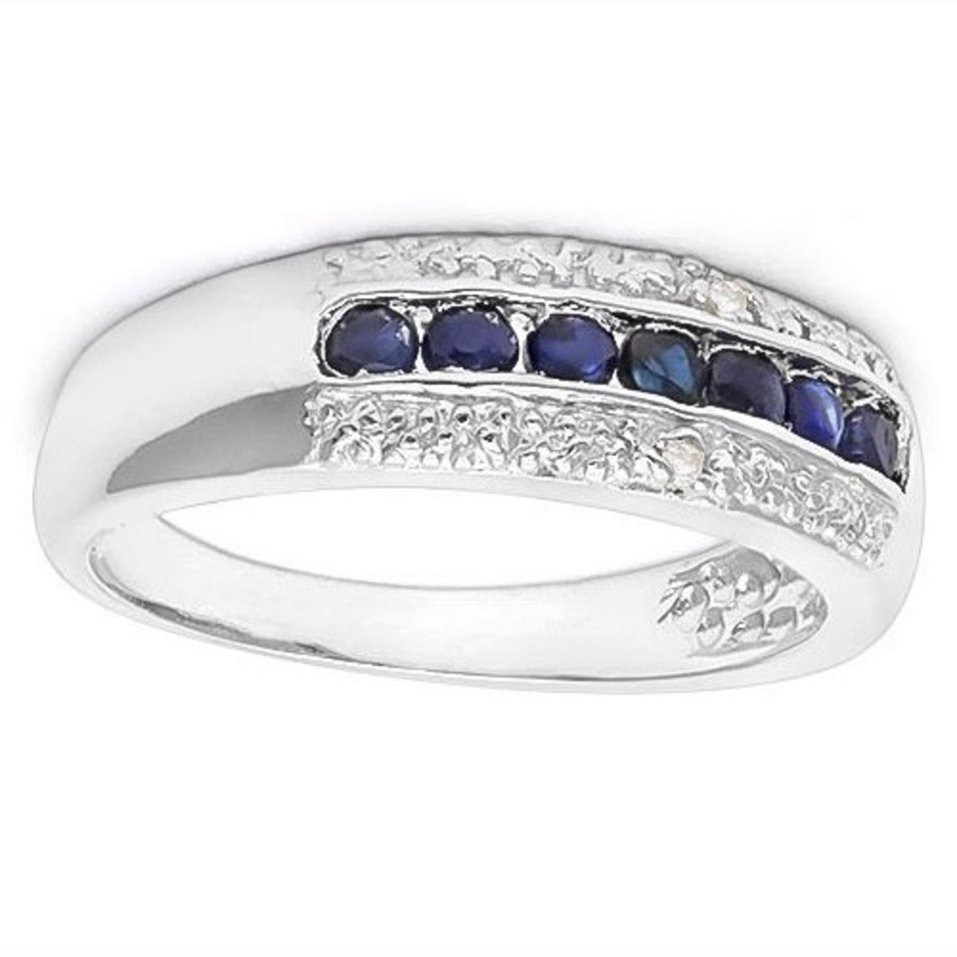 925 Sterling Silver 7 Stone Sapphire & Diamond Ring - Image 2 of 3