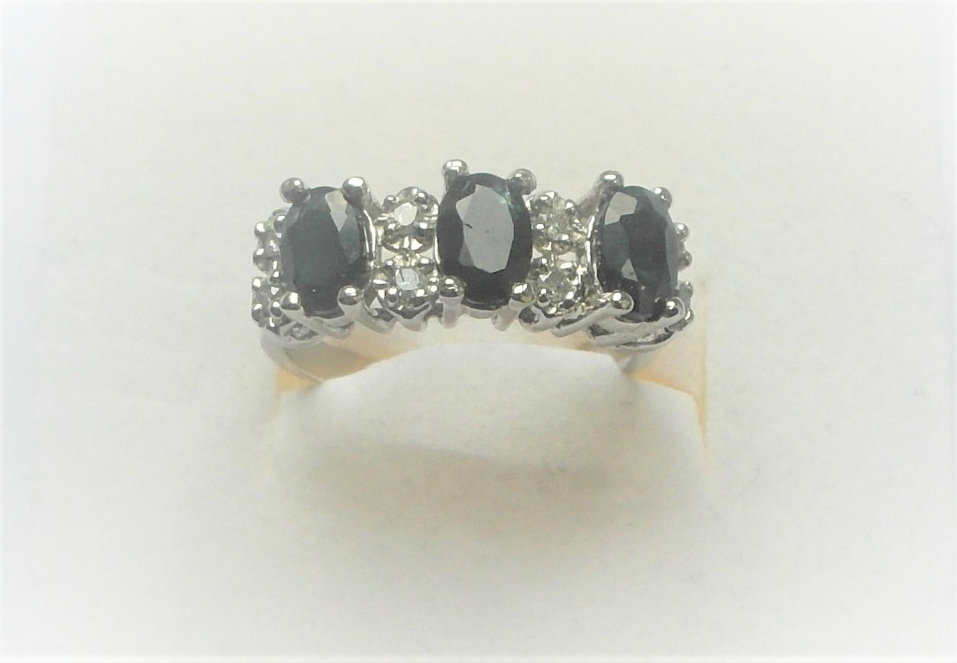 10Ct Gold 3 Stone Sapphire & Diamond Half Hoop Ring. - Image 2 of 4
