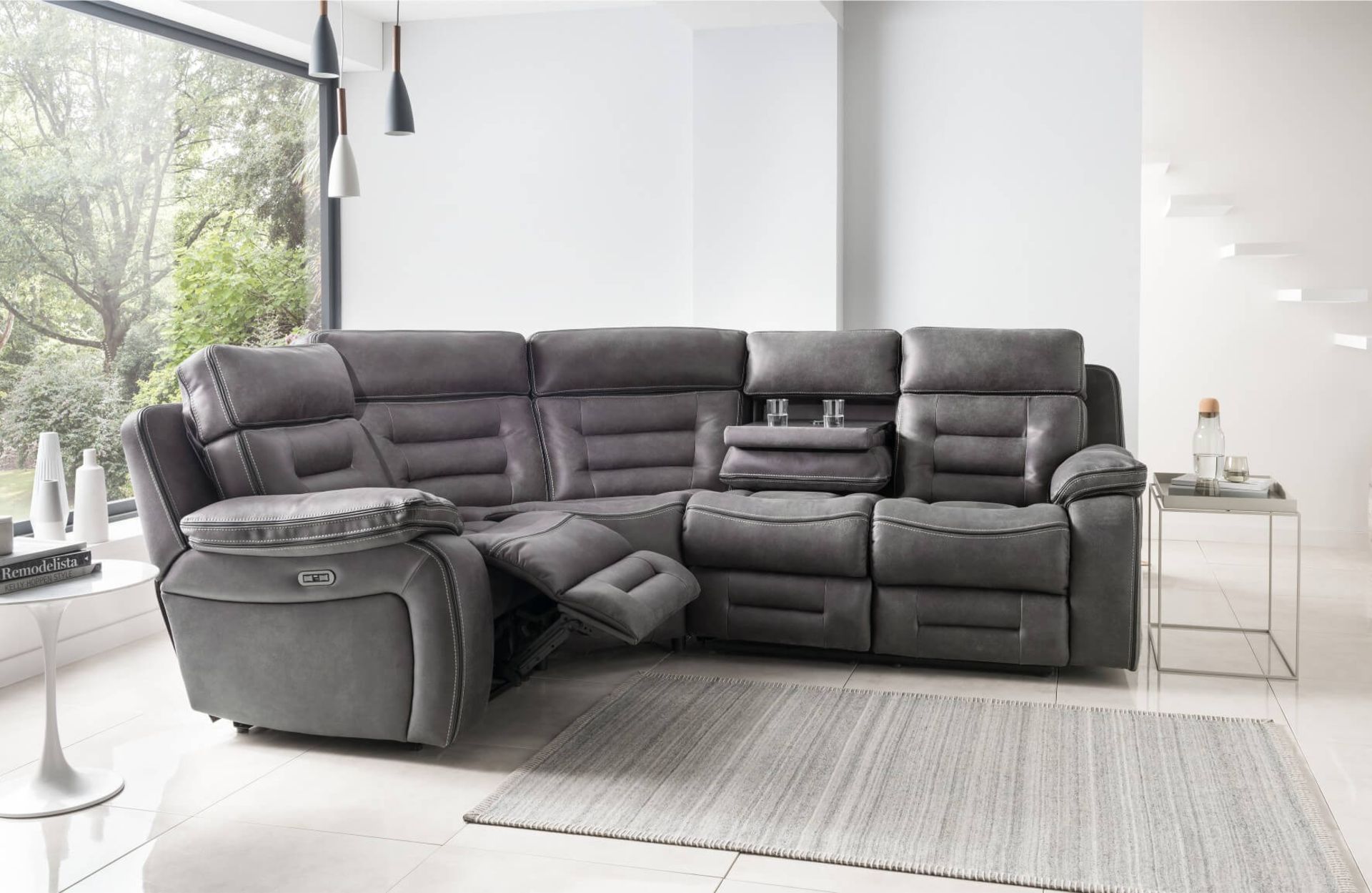 Brand new boxed Sierra tech corner sofa 1c2 in charcoal grey fabric