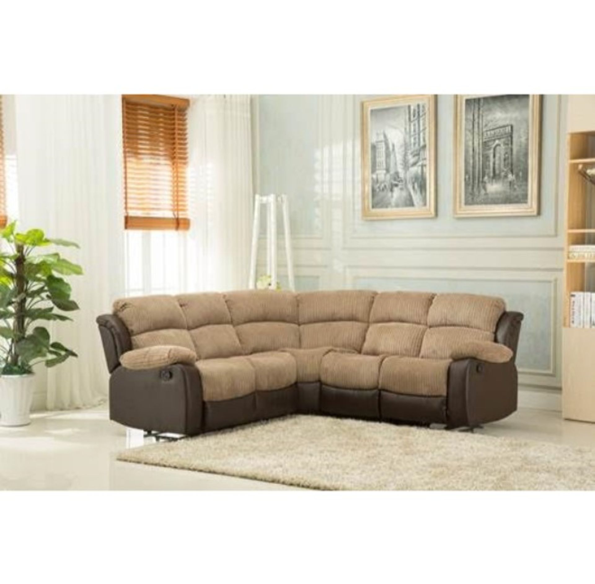 Brand new boxed montana corner sofa in brown leather and moccha cord