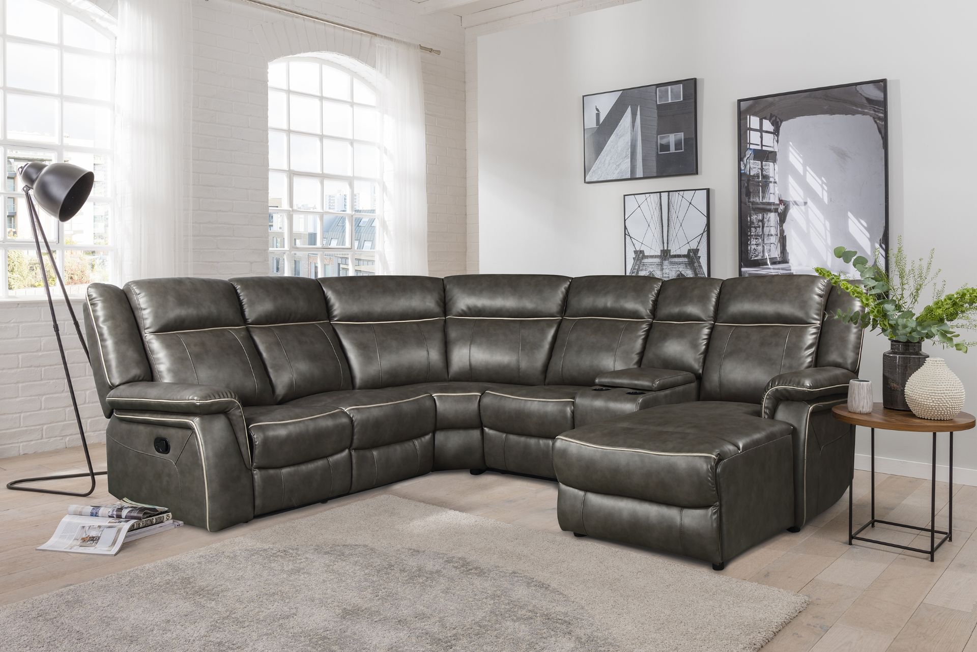 Brand new boxed Tamper reclining corner sofa with chaise, console and drinks holders in grey leather