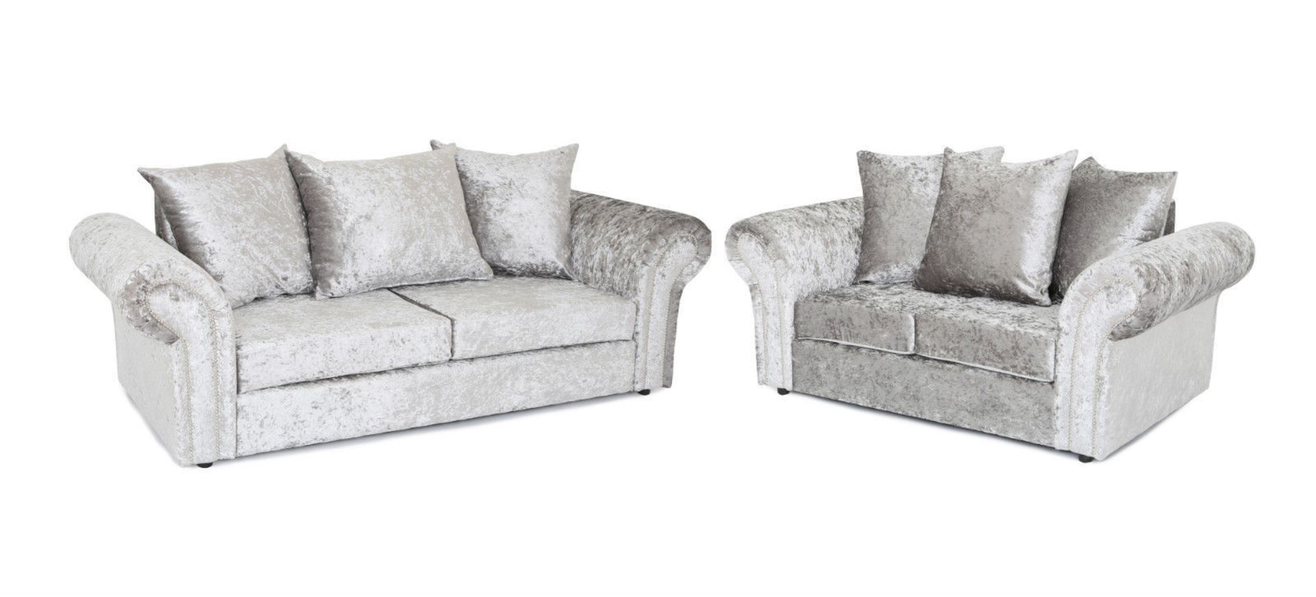 Brand new 3 seater plus 2 seater sophie crushed velvet sofas in silver