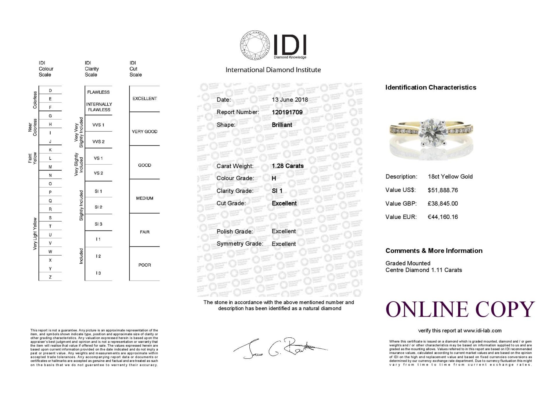 18k Yellow Gold Single Stone Diamond Ring With Stone Set Shoulders (1.11) 1.28 Carats - Image 5 of 5