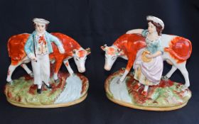 Pair Of Victorian Staffordshire Cow And Children Figurines