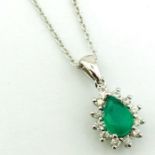 14K White Gold Cluster Pendant , natural emerald and diamonds