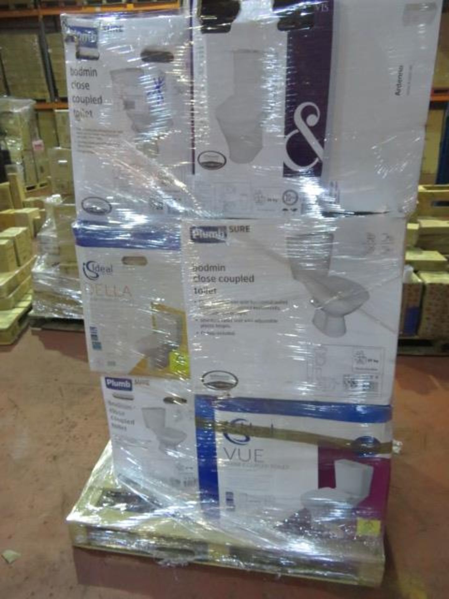 (3A) PALLET TO CONTAIN 8 x VARIOUS TOILETS & 1 BATHROOM CABINET SUCH AS: DELLA CLOSE COUPLED TO... - Image 3 of 4