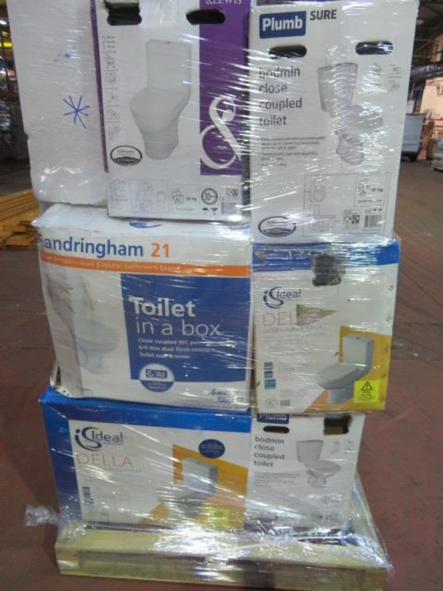 (3A) PALLET TO CONTAIN 8 x VARIOUS TOILETS & 1 BATHROOM CABINET SUCH AS: DELLA CLOSE COUPLED TO...