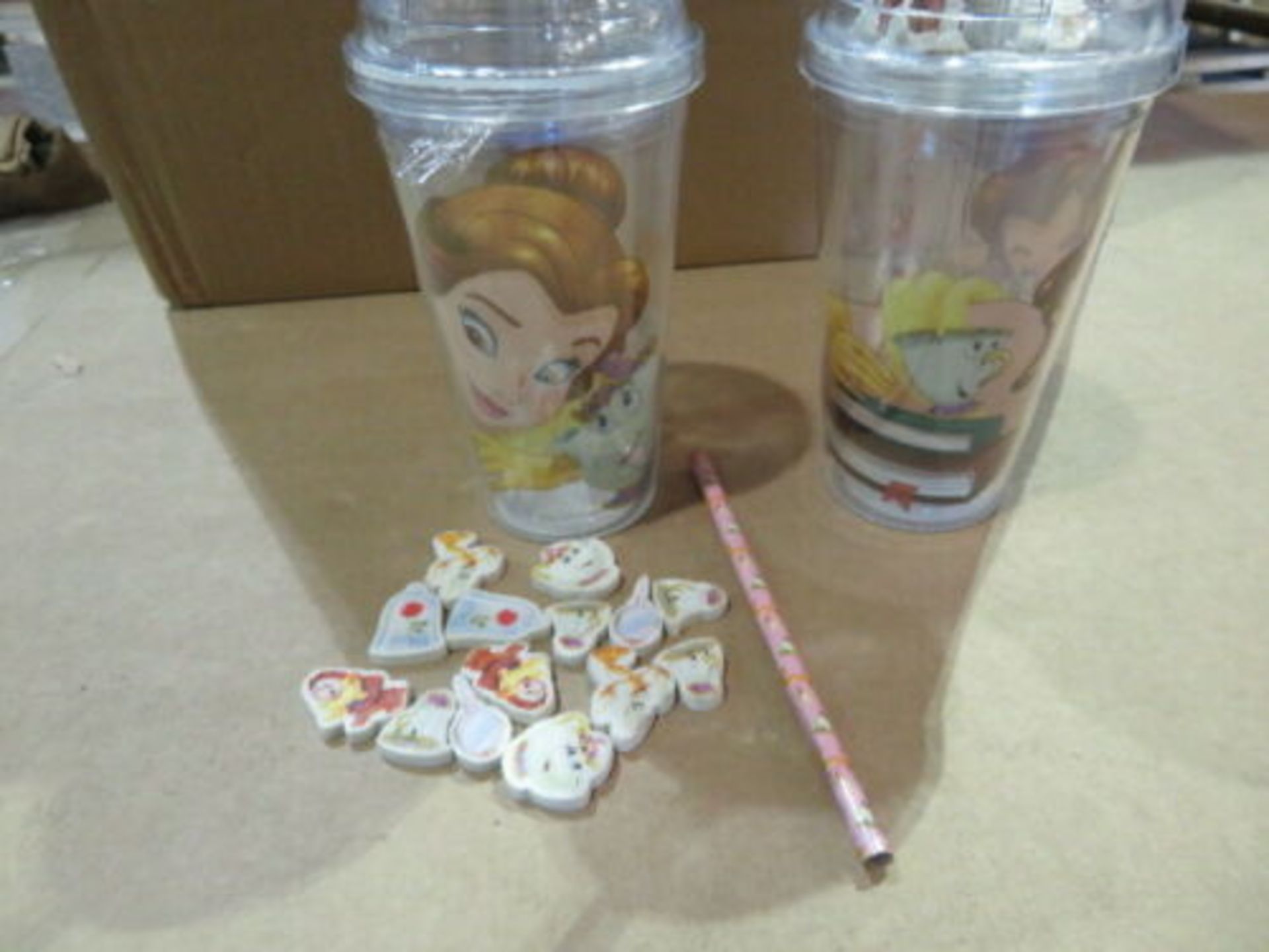 WHOLESALE JOB LOT 24 X NEW DISNEY BEAUTY AND THE BEAST CUP WITH ERASERS & PENCIL. WHOLESALE JOB... - Image 3 of 3