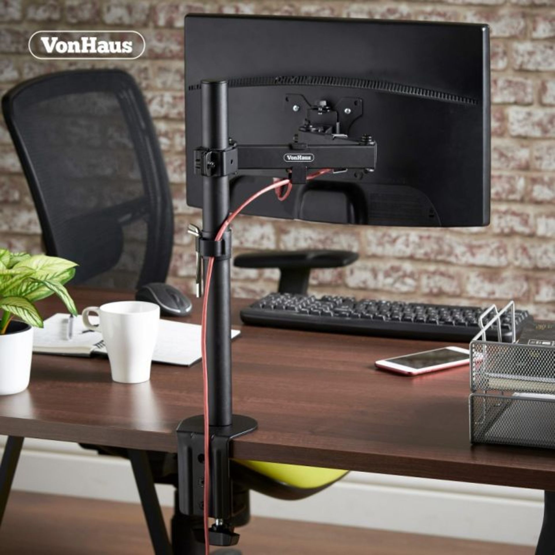 (S48) Monitor Mount with Desk Clamp Strong steel single arm conveniently declutters desk space...