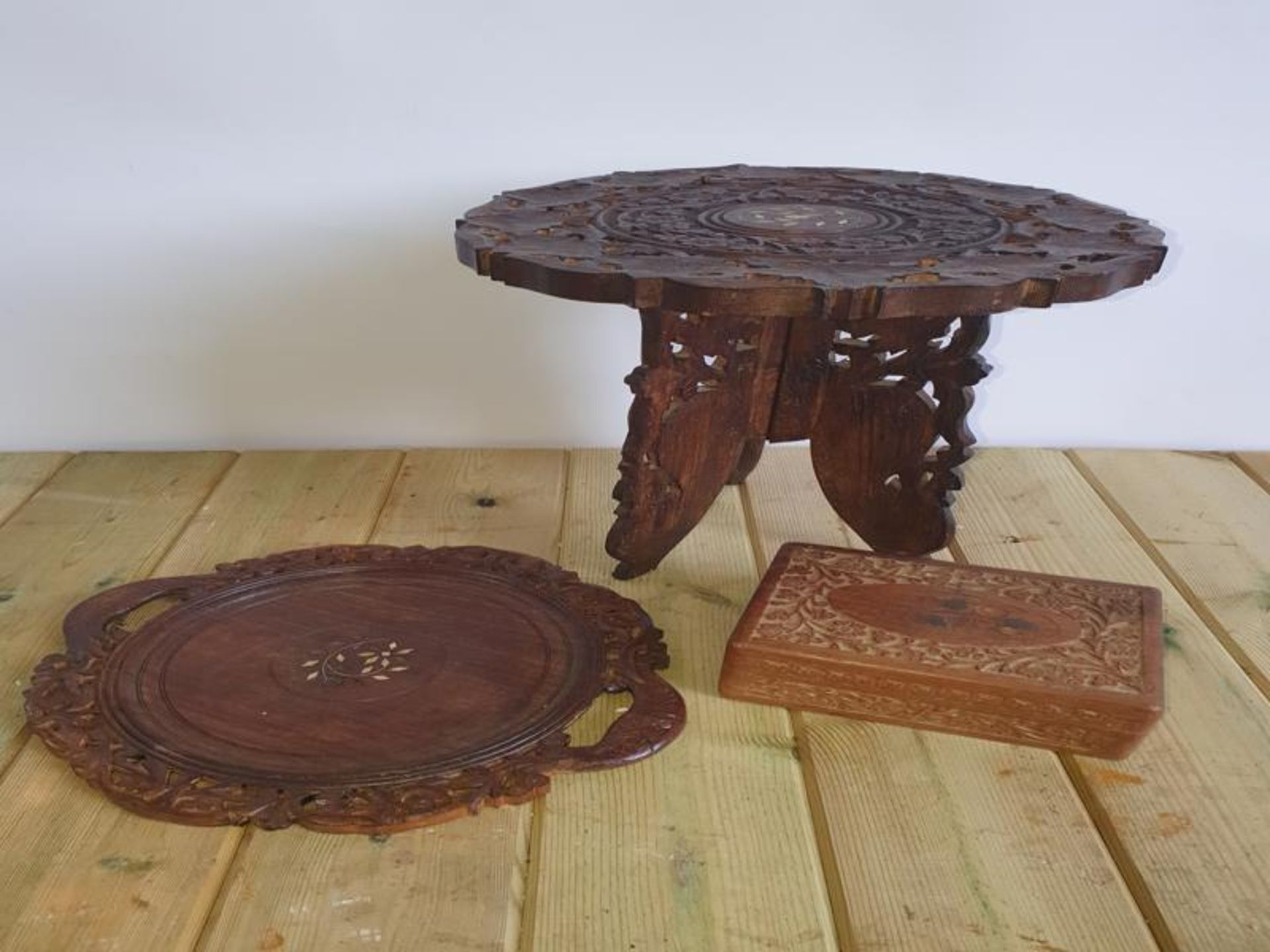 Indian Carved Table, Plate & Box