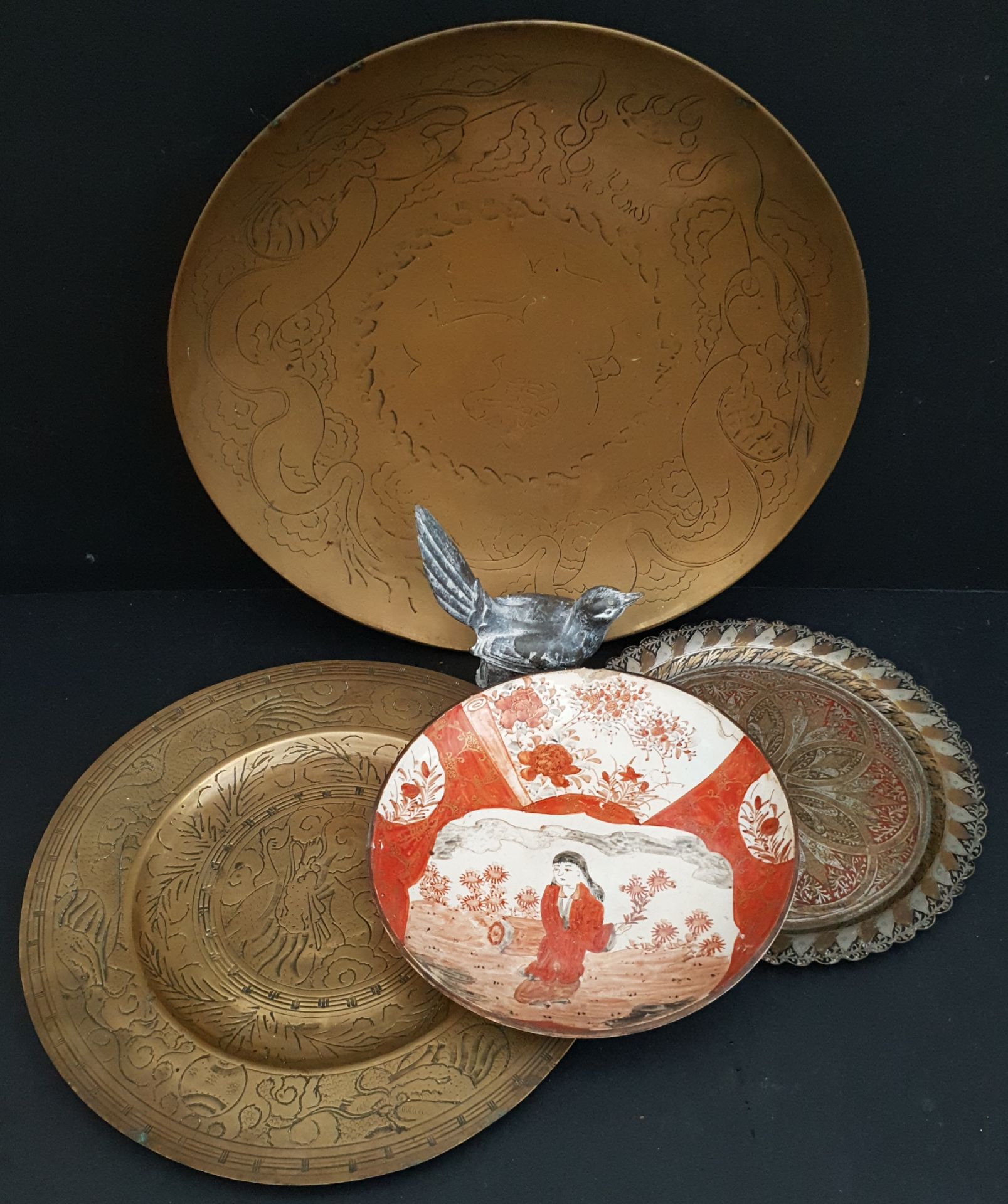 Antique Vintage Brass Chinese Trays Japanese Plate & Bird